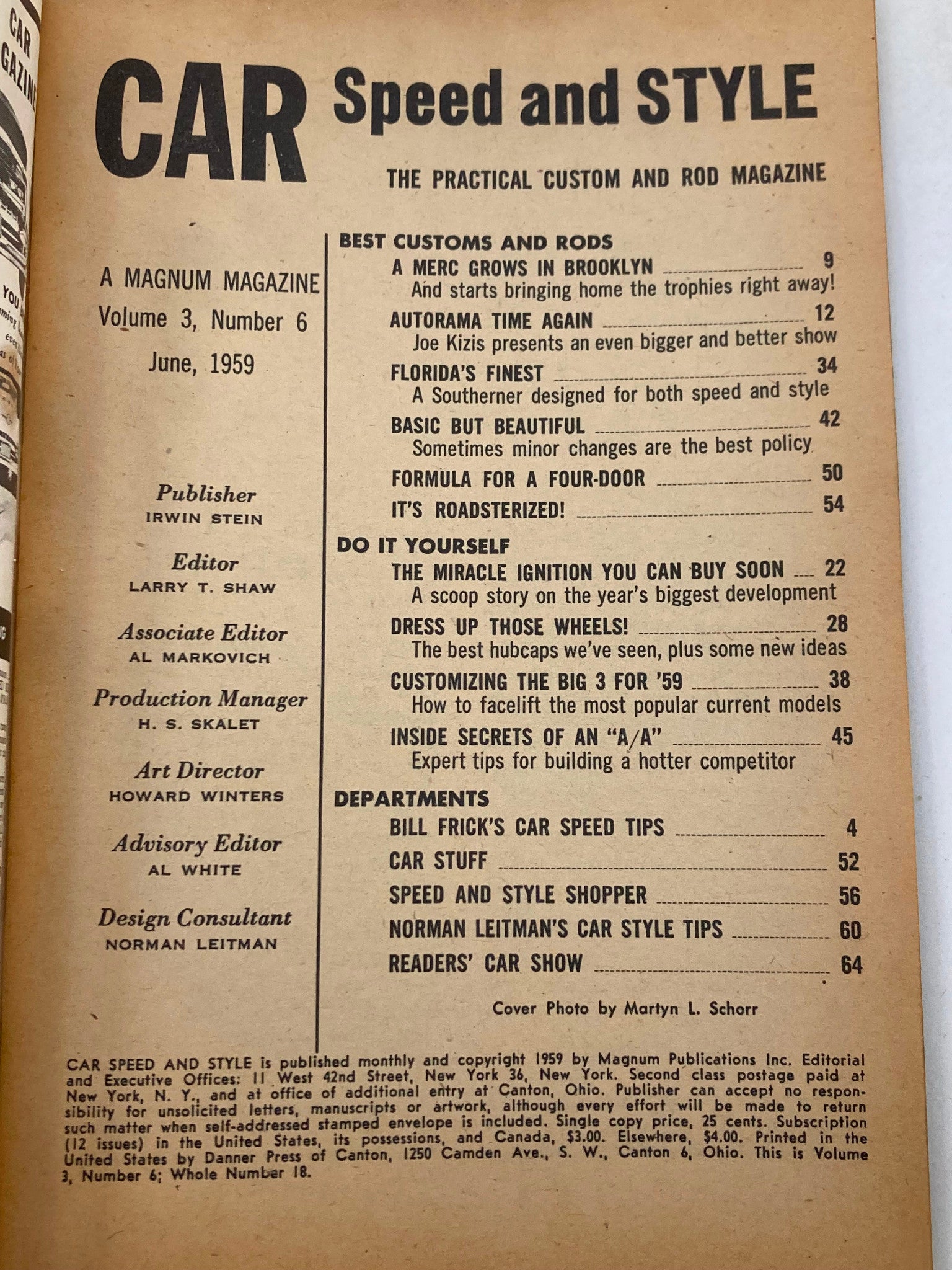 VTG Car Speed & Style Magazine June 1959 Vol 3 #6 Bill Frick Answer Box No Label