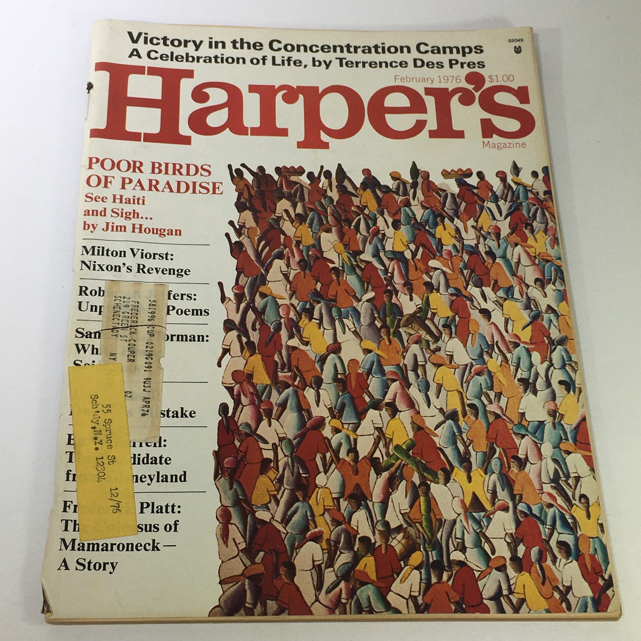 Cover of VTG Harper's Magazine February 1976 featuring the article "Poor Birds of Paradise" by Jim Hougan, showcasing a crowd of people in vibrant colors and the magazine title prominently displayed.