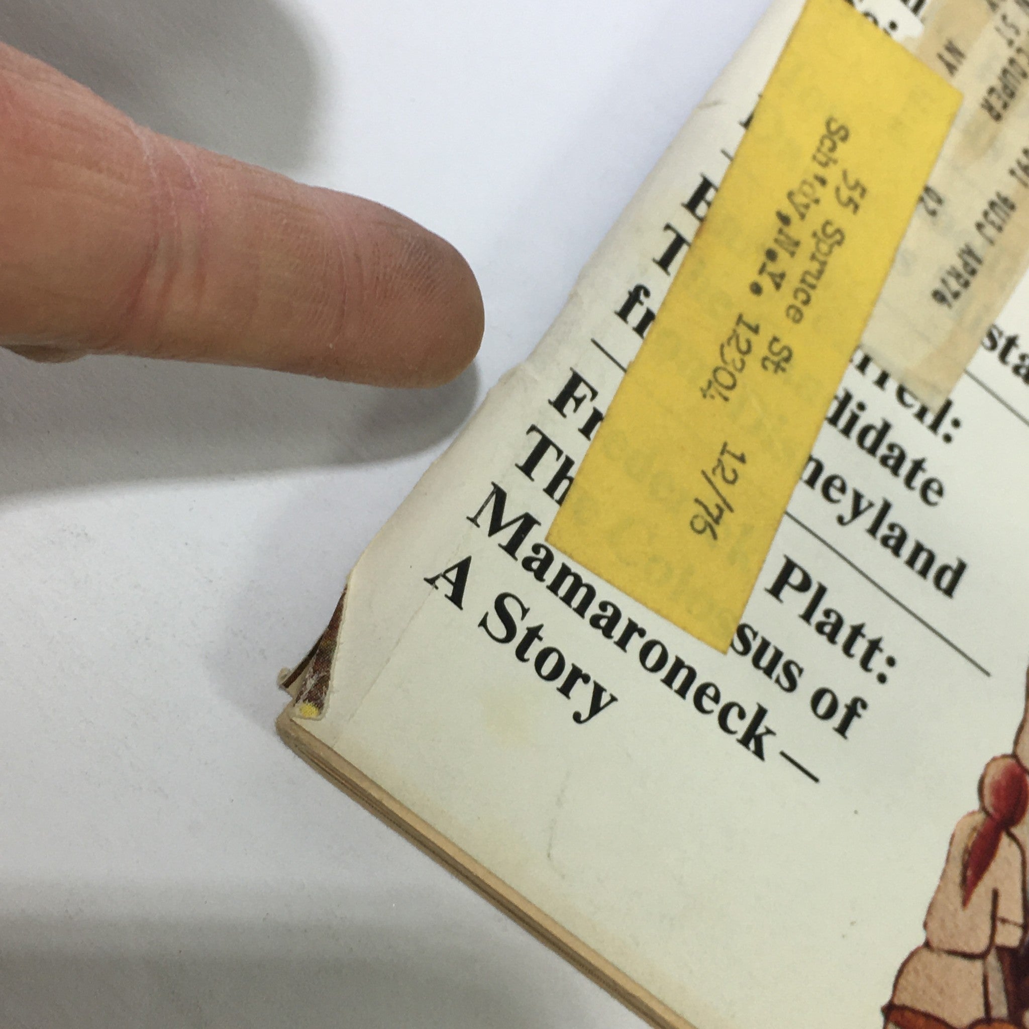 Detail of VTG Harper's Magazine February 1976, showcasing the corner of the magazine cover with address label and minor wear.