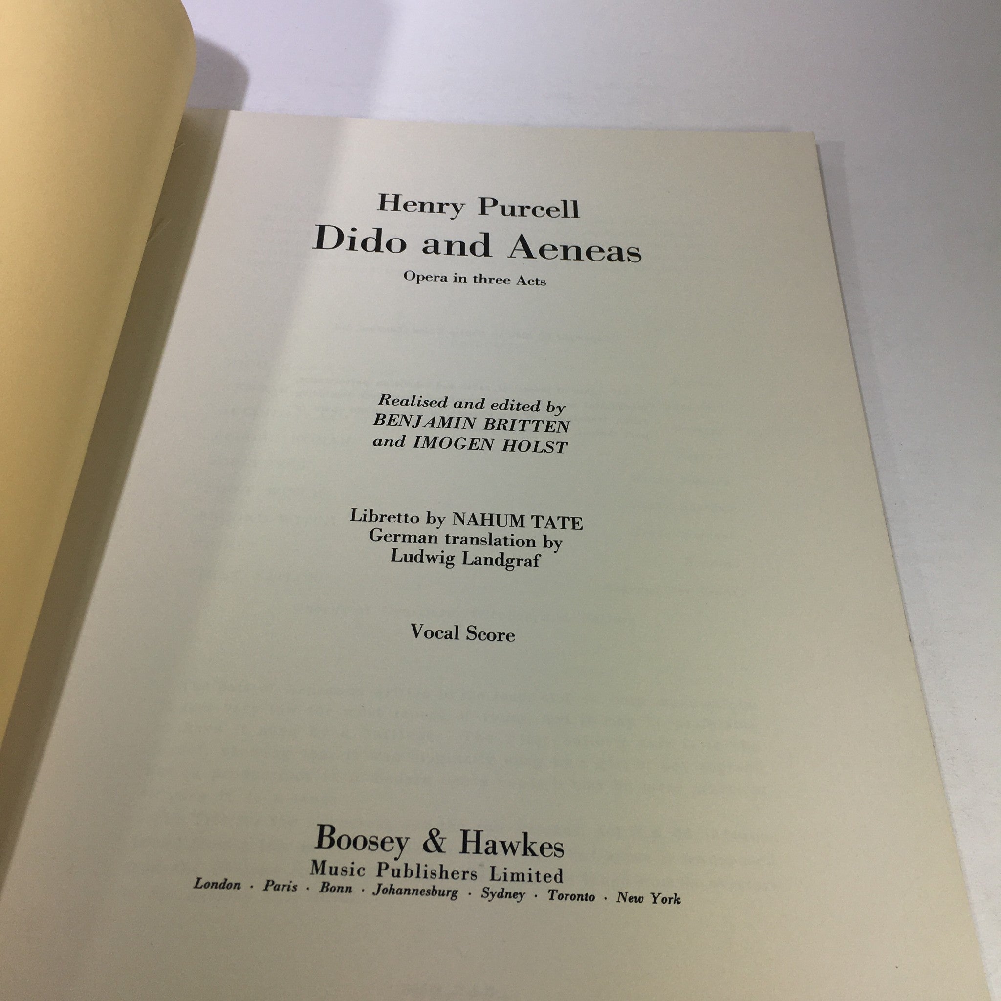 VTG Henry Purcell 1960 - Dido and Aeneas Vocal Score / Boosey & Hawkes