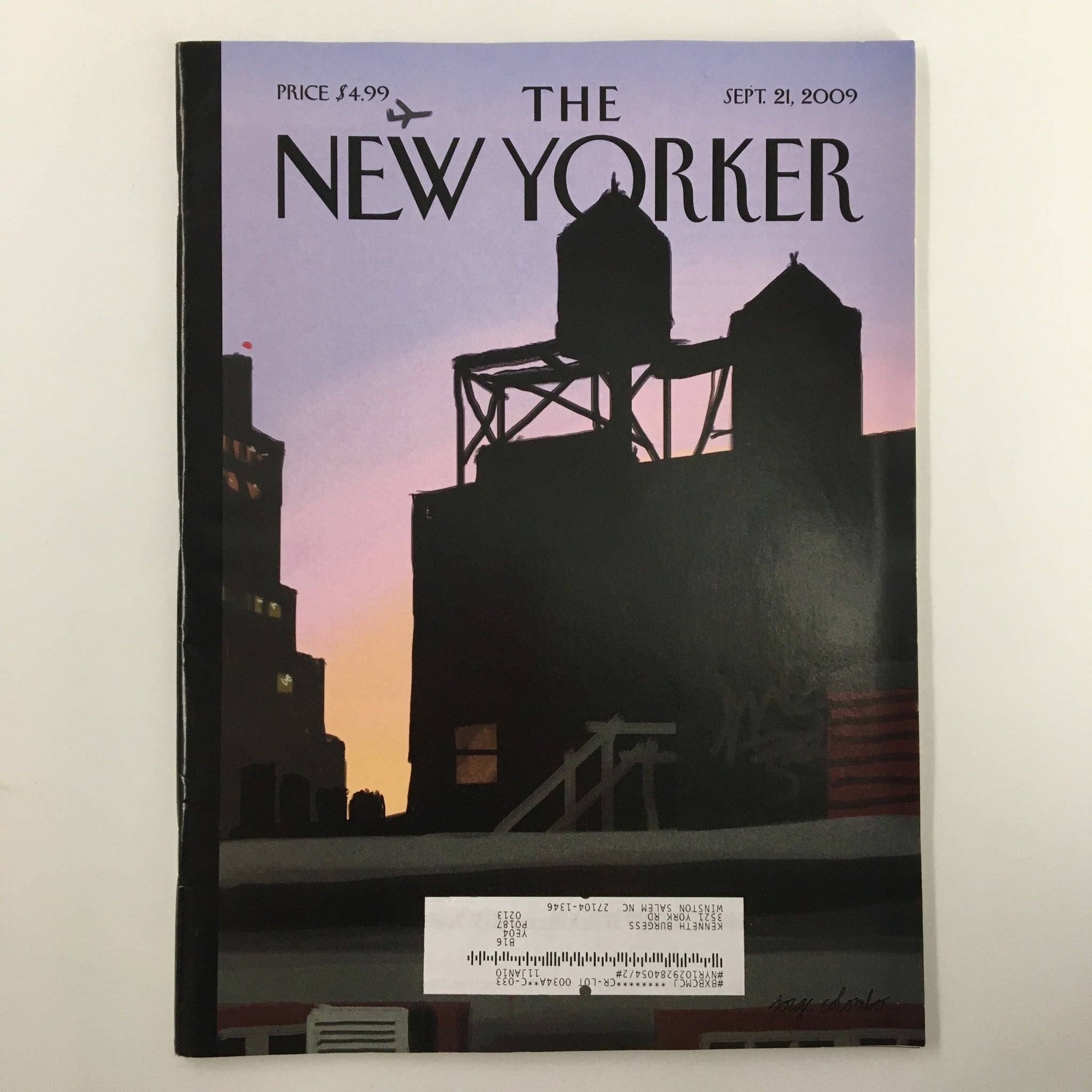 The New Yorker Full Magazine September 21, 2009, featuring a finger painting cover by Jorge Colombo, showcasing a cityscape silhouette against a twilight background.