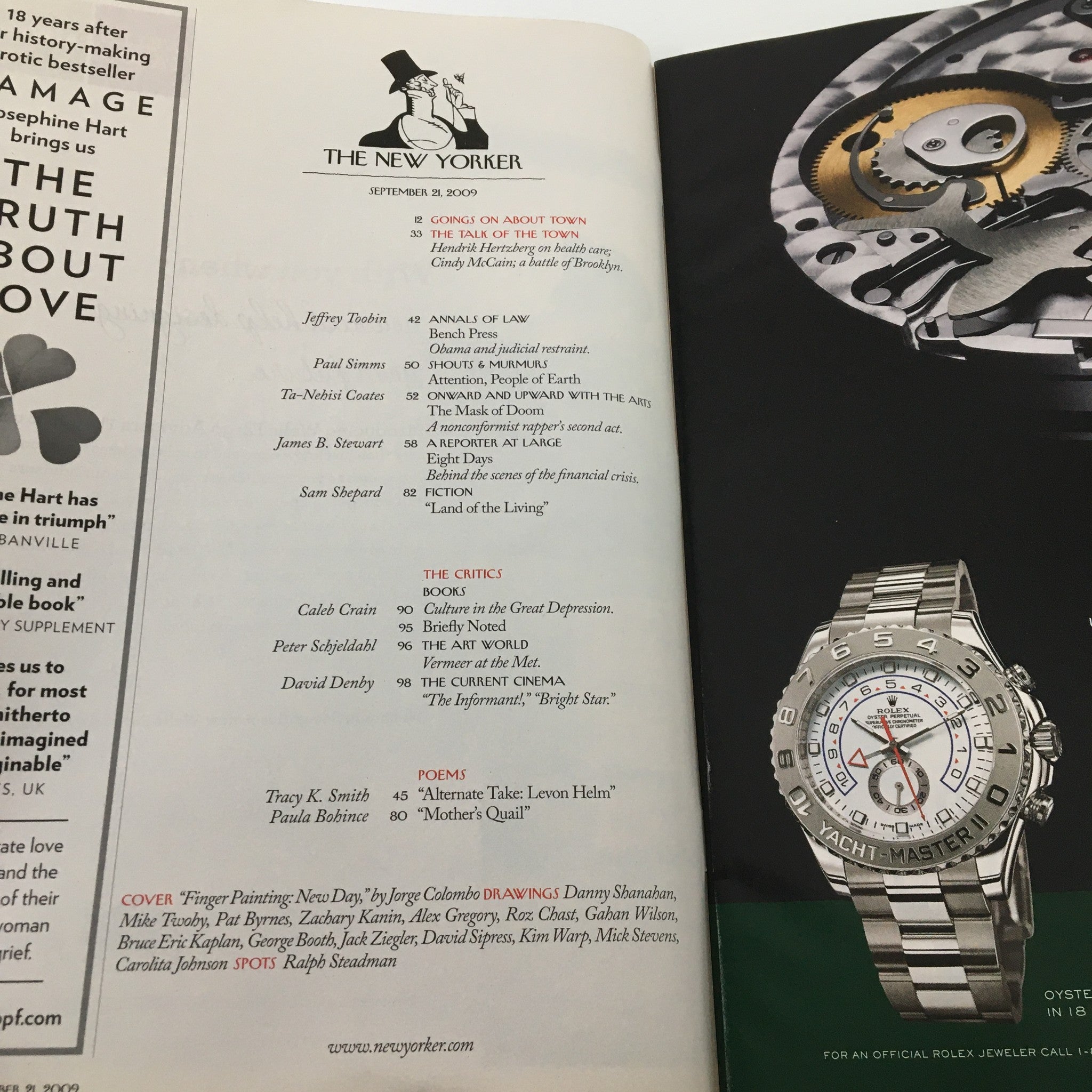 The New Yorker magazine interior page from September 21, 2009, displaying the table of contents and a featured article list, highlighting cultural and artistic topics.