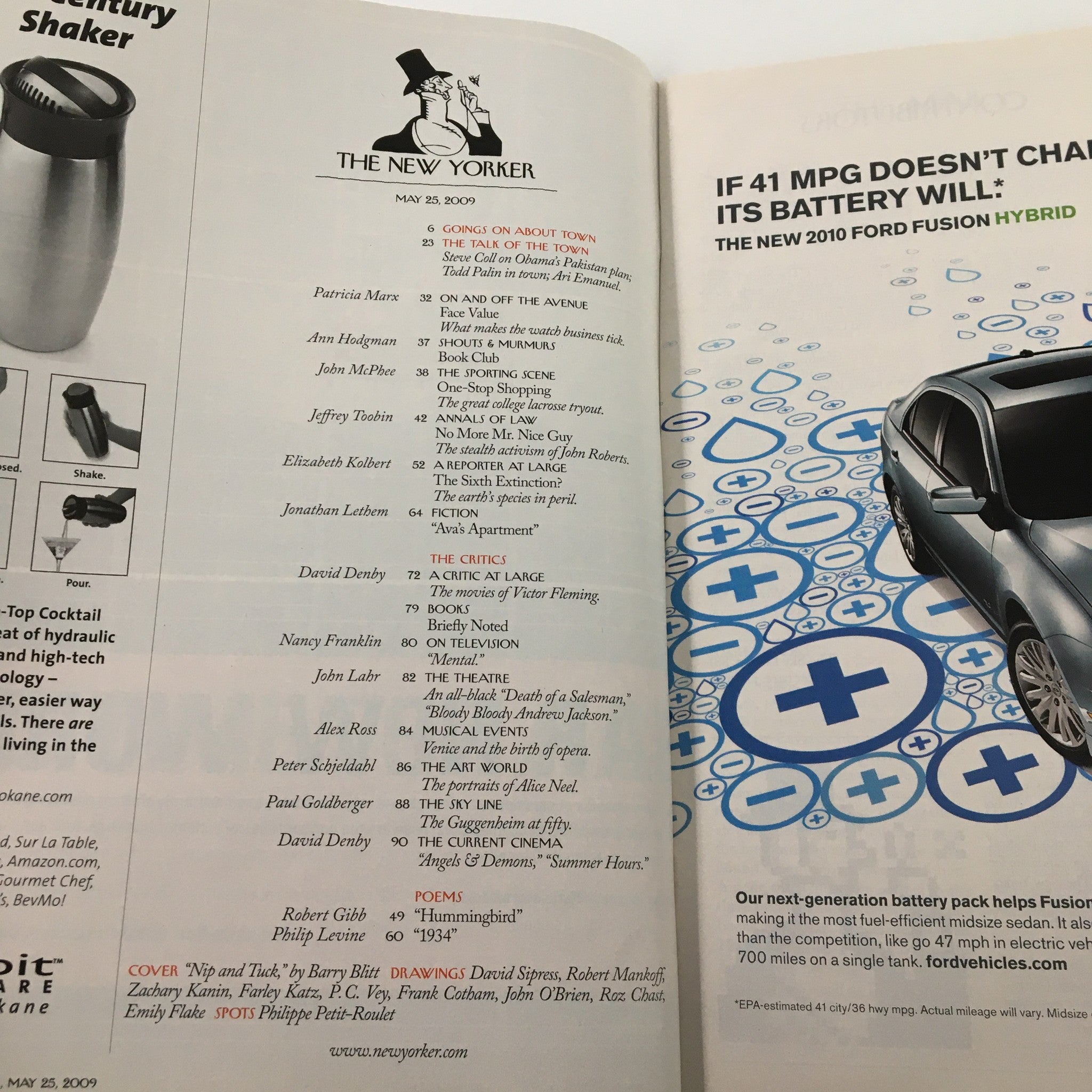 Interior page of The New Yorker magazine from May 25, 2009 showcasing articles and advertisements, including a feature on the Ford Fusion Hybrid.