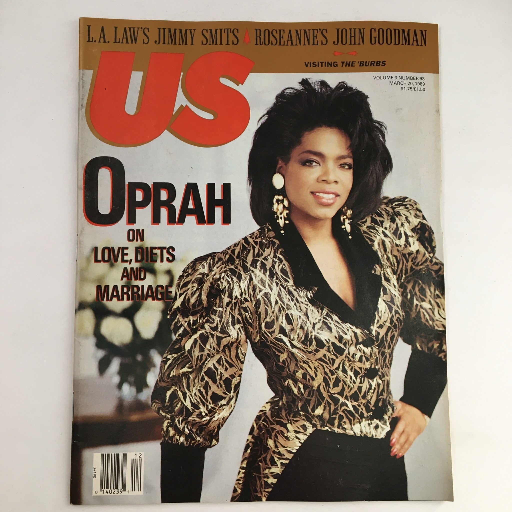 Cover of US Magazine dated March 20, 1989 featuring Oprah Winfrey in a stylish outfit, with headlines about Jimmy Smits and John Goodman, discussing topics of love, diets, and marriage.