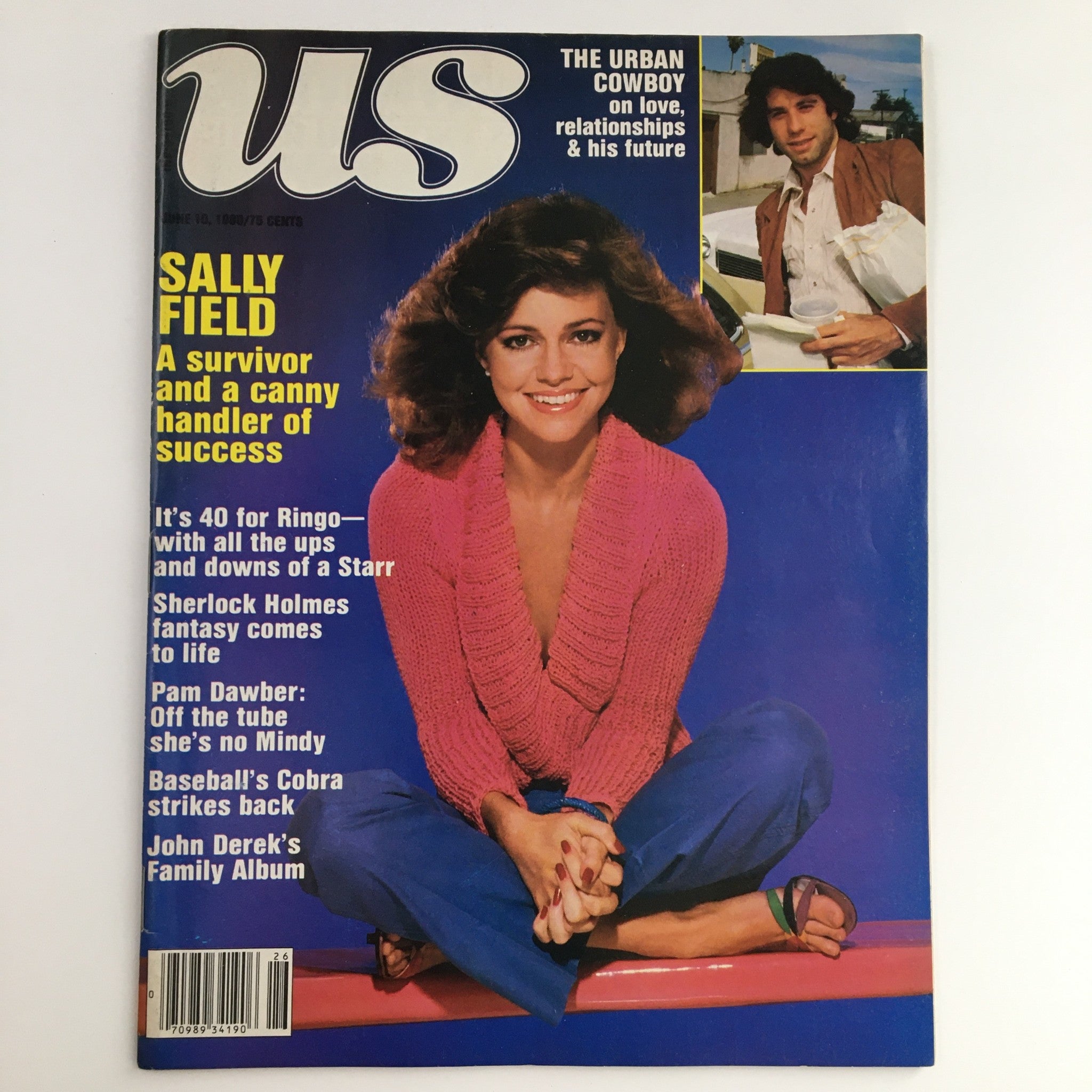 Cover of US Magazine dated June 10, 1980 featuring Sally Field, John Travolta, and Pam Dawber. Highlights include articles on the Urban Cowboy, relationships, and celebrity news.
