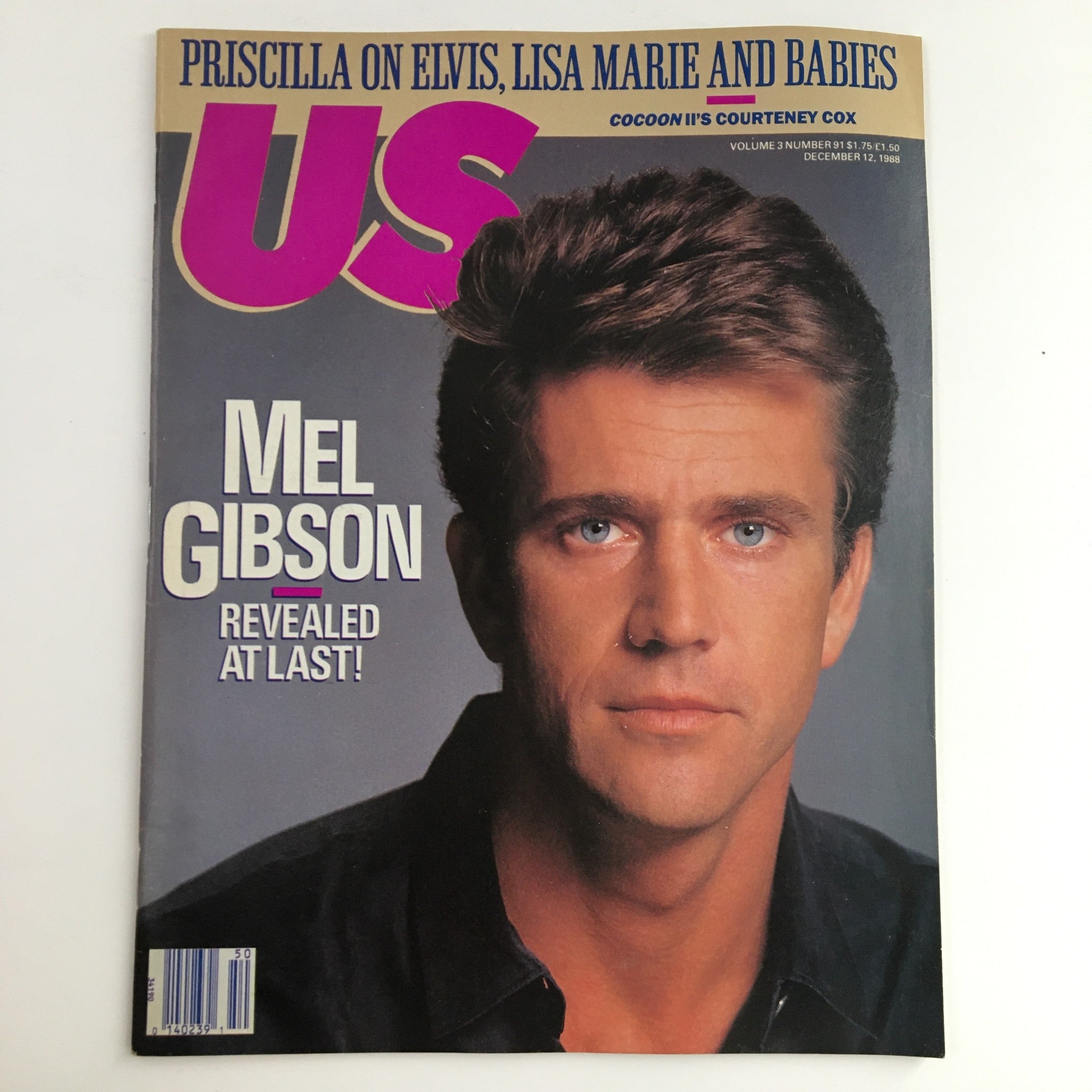 Cover of US Magazine from December 12, 1988 featuring Mel Gibson with the title 'US Magazine December 12 1988 Mel Gibson, Priscilla & Lisa Marie, No Label VG'. The cover highlights the headline 'Revealed at Last!' along with images of Priscilla and Lisa Marie.