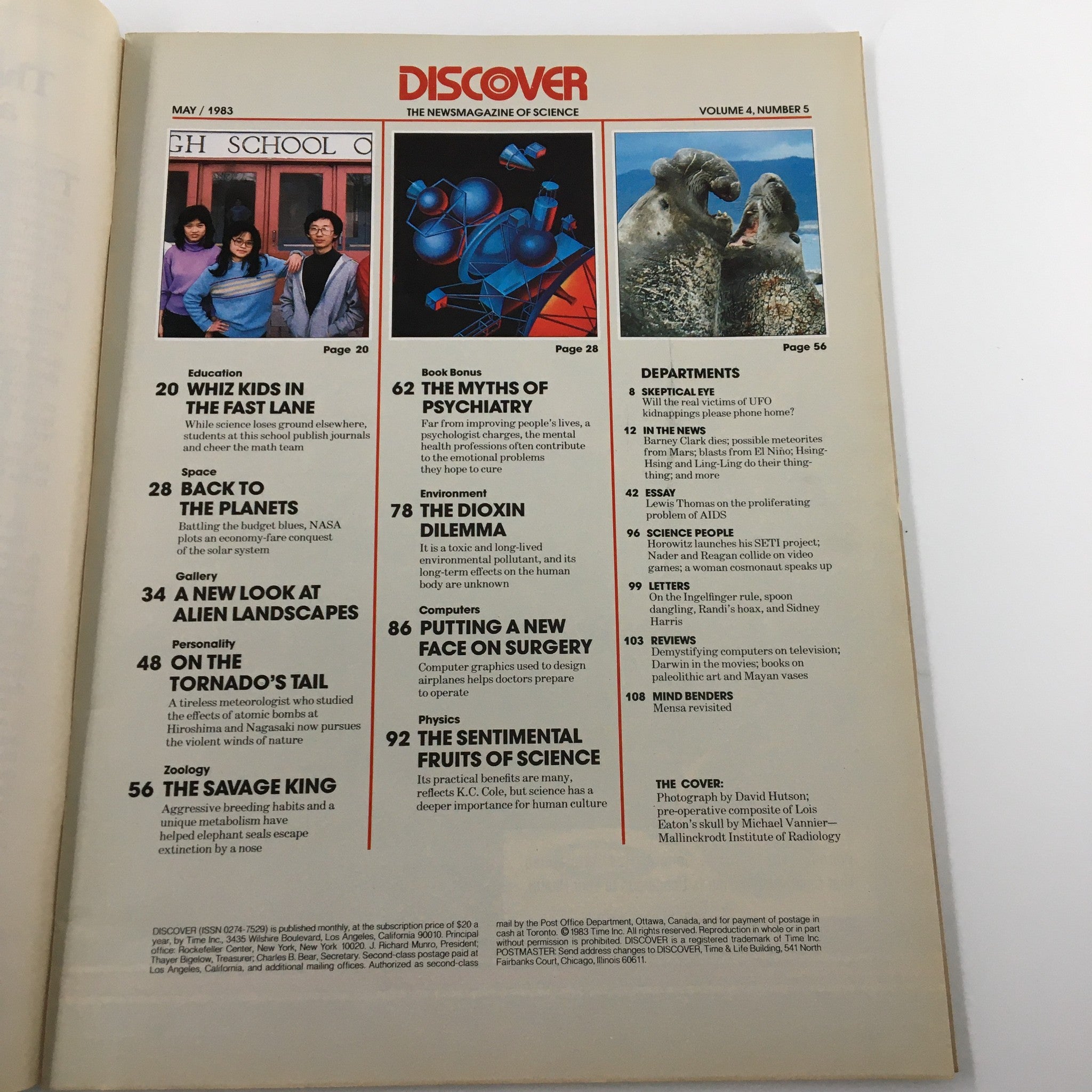 Inside page of VTG Discover Magazine May 1983, highlighting various articles including 'Back to the Planets', 'The Dioxin Dilemma', and 'Putting a New Face on Surgery'. This page presents the magazine's table of contents showcasing its significant themes.