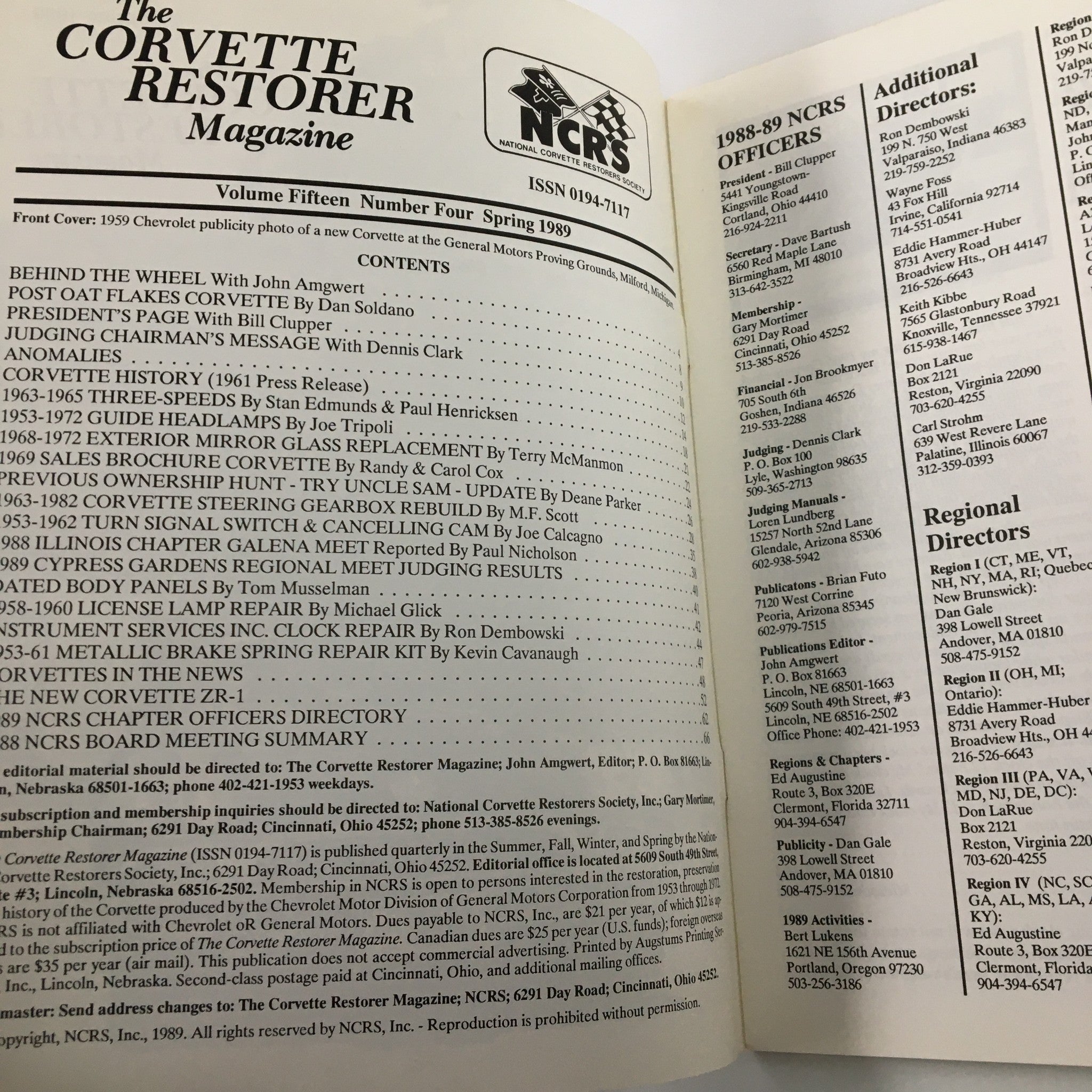 Contents page of The Corvette Restorer Magazine Spring 1989, showcasing articles and topics covered in this issue, including Corvette history and features on the Corvette ZR-1.