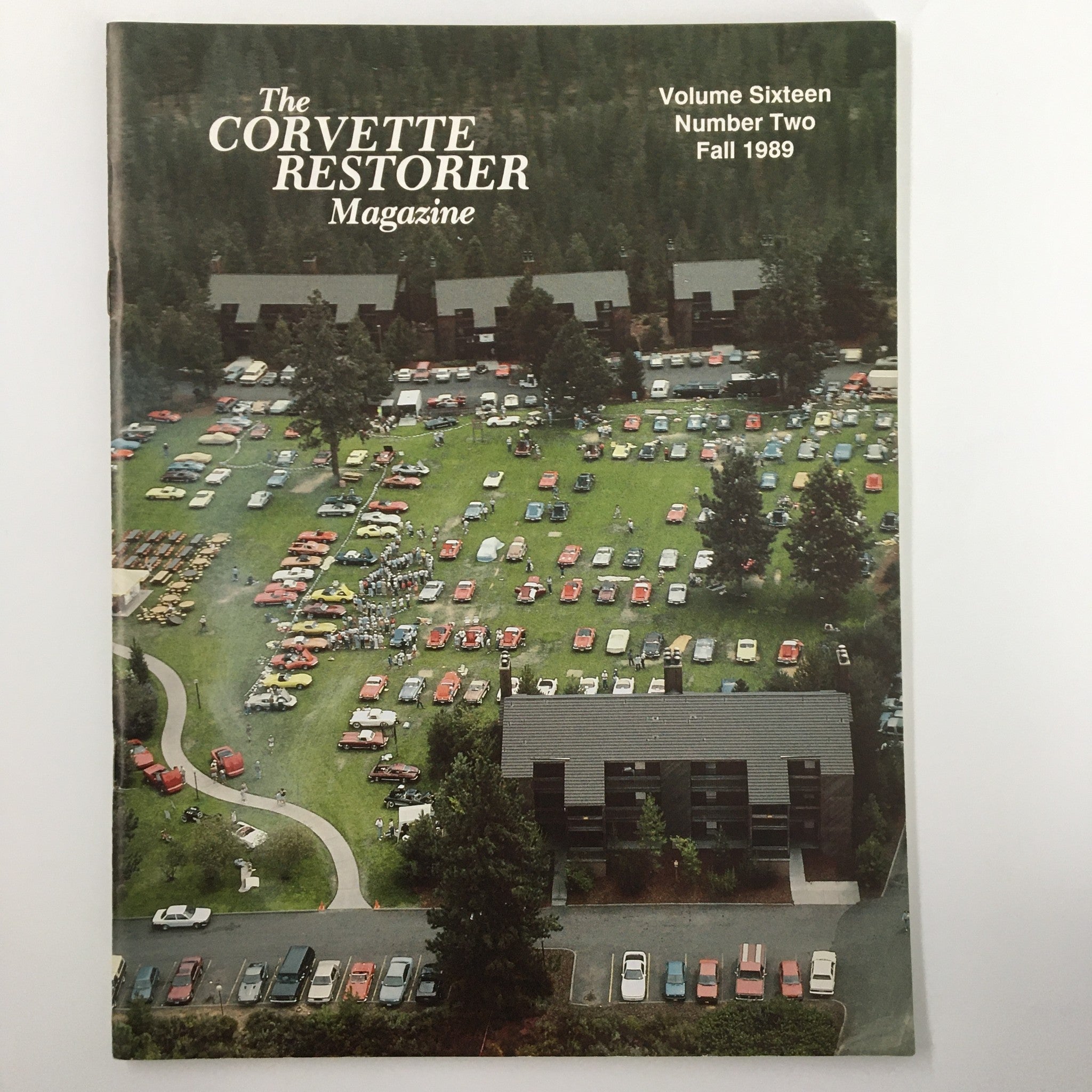 Cover of The Corvette Restorer Magazine, Fall 1989, showcasing an aerial view of a large gathering of Corvette cars in a green field, reflecting classic car culture.