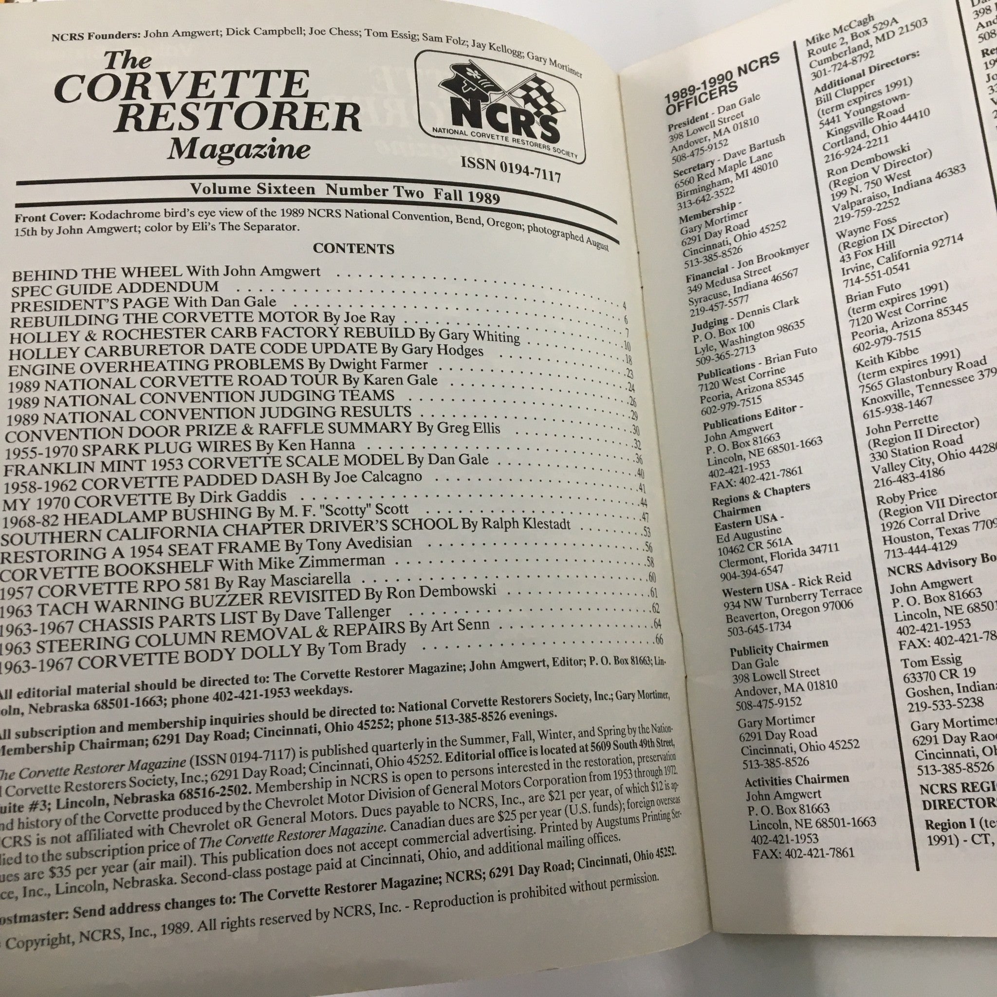 Interior page of The Corvette Restorer Magazine, Fall 1989, displaying the contents and articles focused on Corvette restoration and automotive insights.