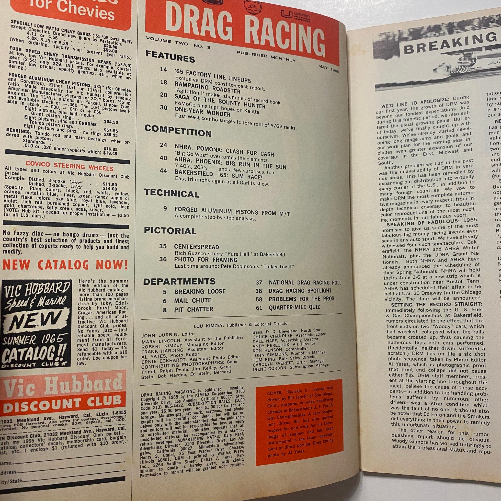 Inside pages of VTG Drag Racing Magazine May 1965 displaying features and content related to the 1965 racing season, focusing on factory teams and technical insights.