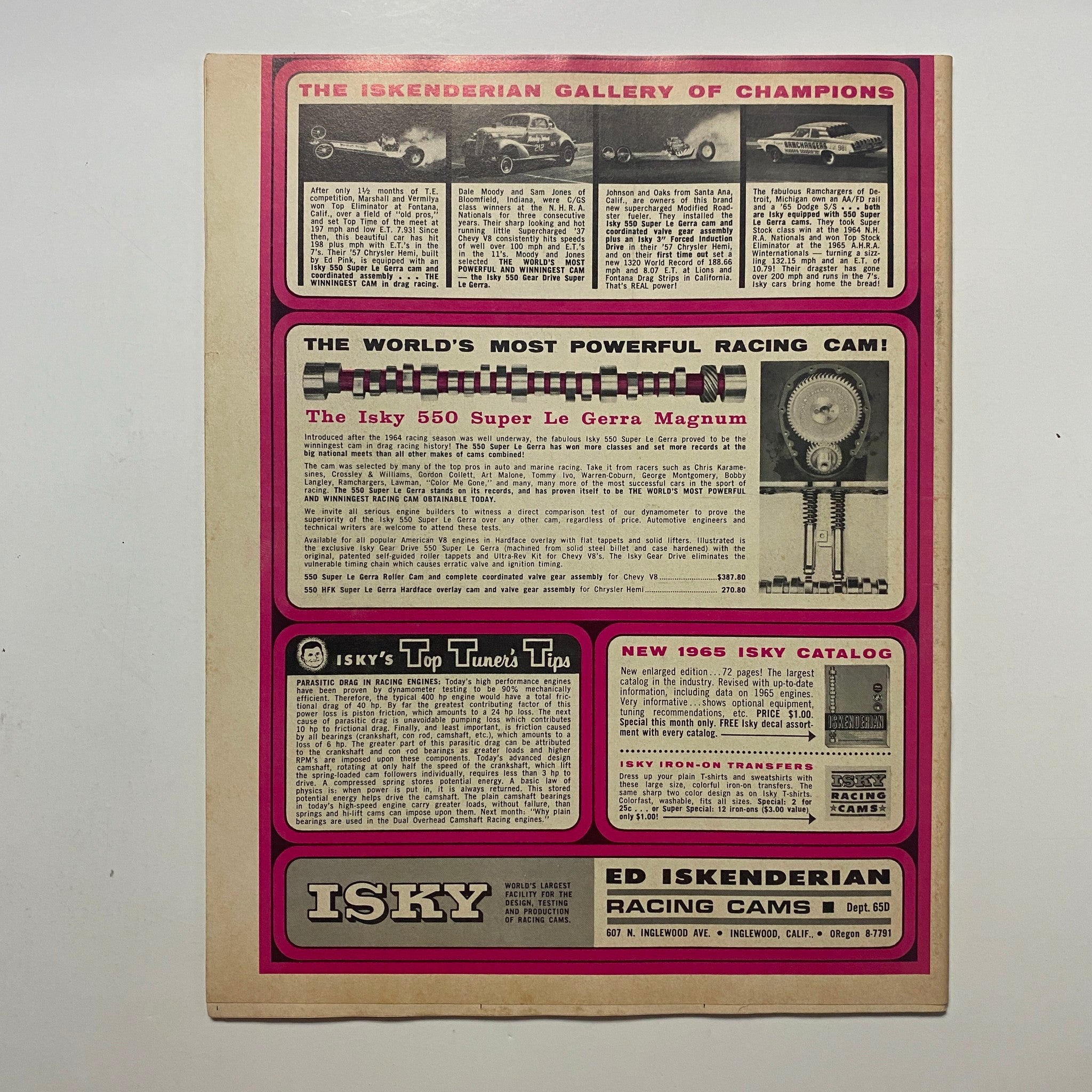 Back page of VTG Drag Racing Magazine May 1965 highlighting advertising for the Isky 550 Super Le Gerra Magnum camshaft and tips for racing enthusiasts.