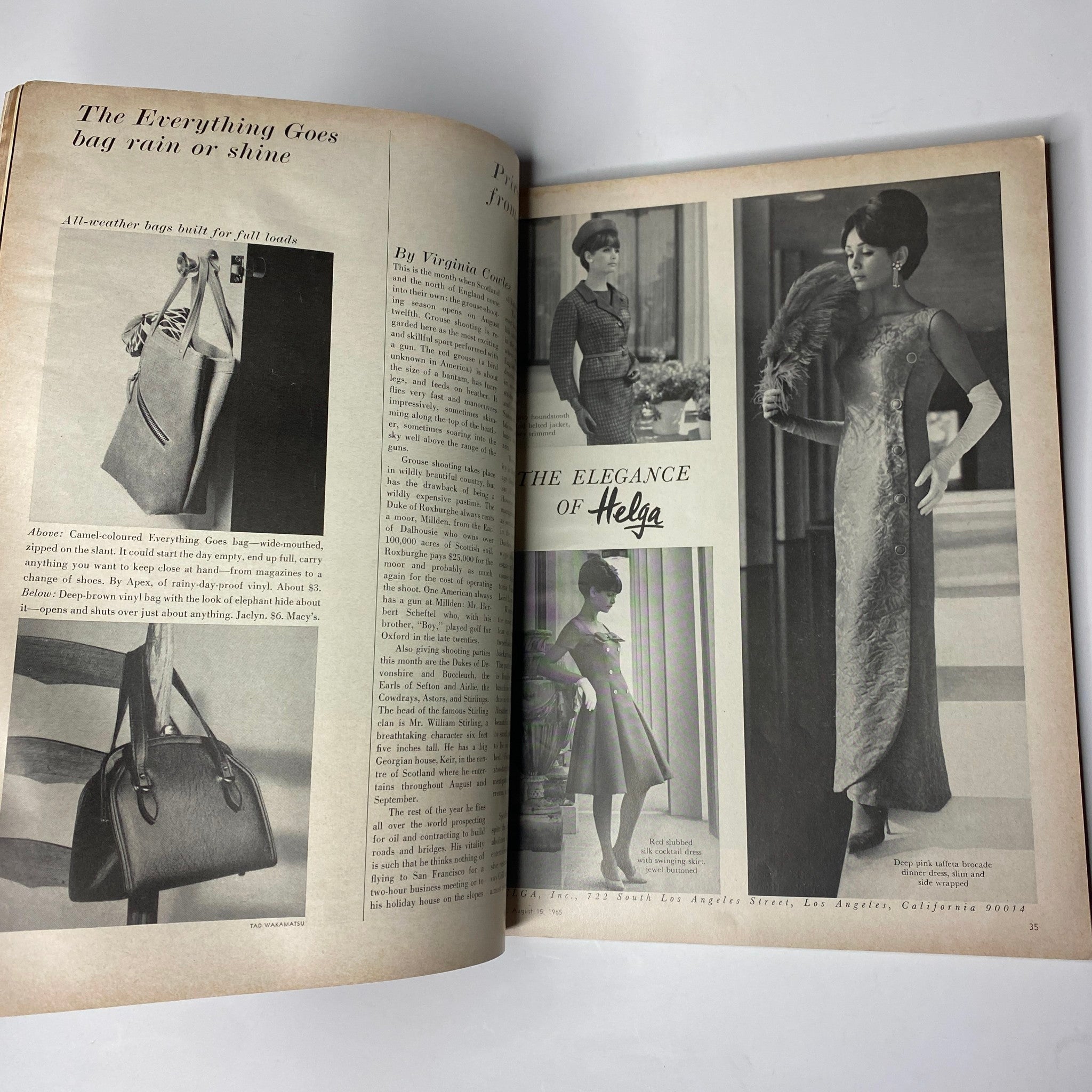 Interior page of Vogue Magazine August 15, 1965 depicting fashion designs, showcasing the elegance of mid-60s styles and accessories.