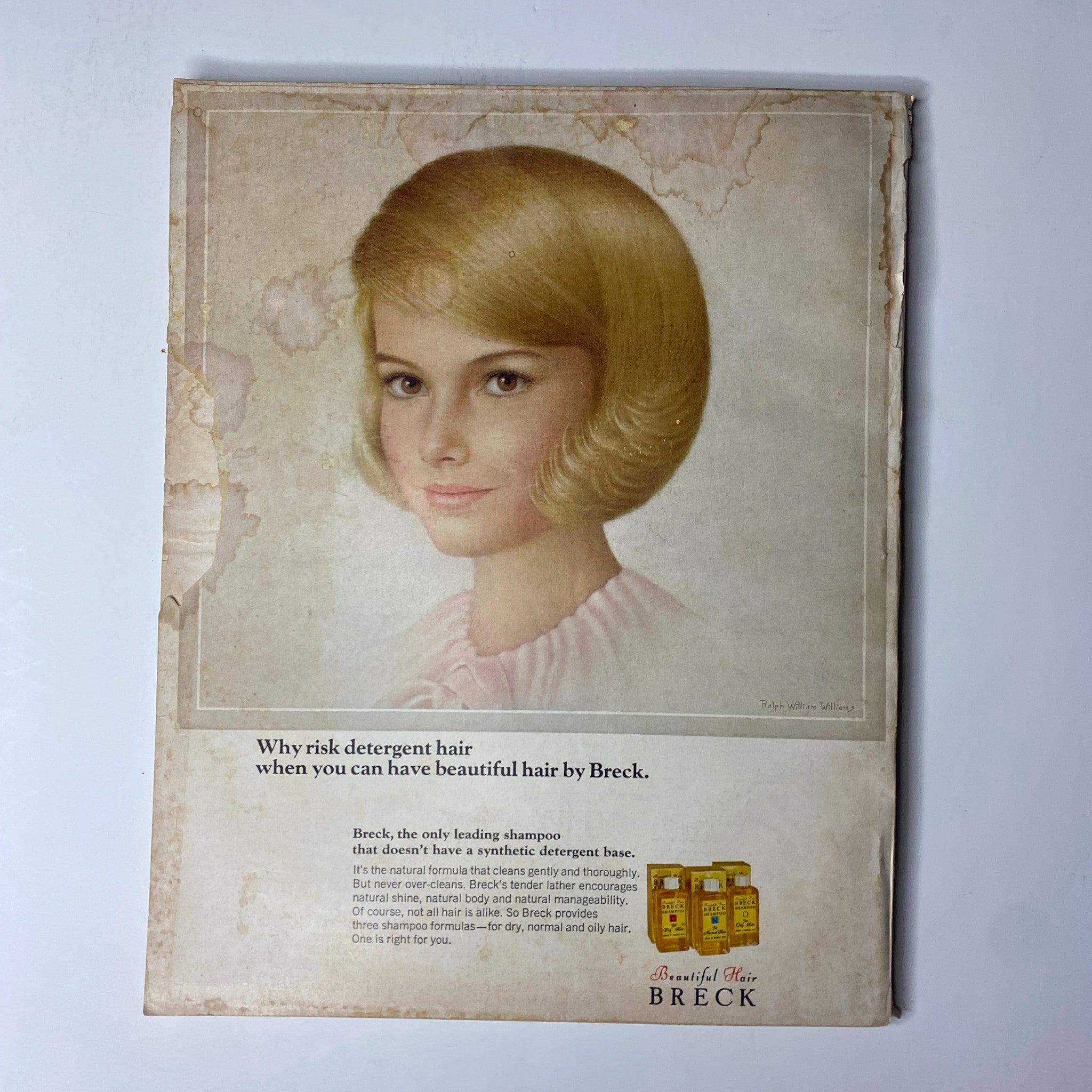 Vintage advertisement for Breck shampoo featuring a young woman with a chic bob hairstyle. The image showcases the tagline 'Why risk detergent hair when you can have beautiful hair by Breck.' Related to Vogue Magazine August 15, 1965 cover featuring Veruschka von Lehndorff.