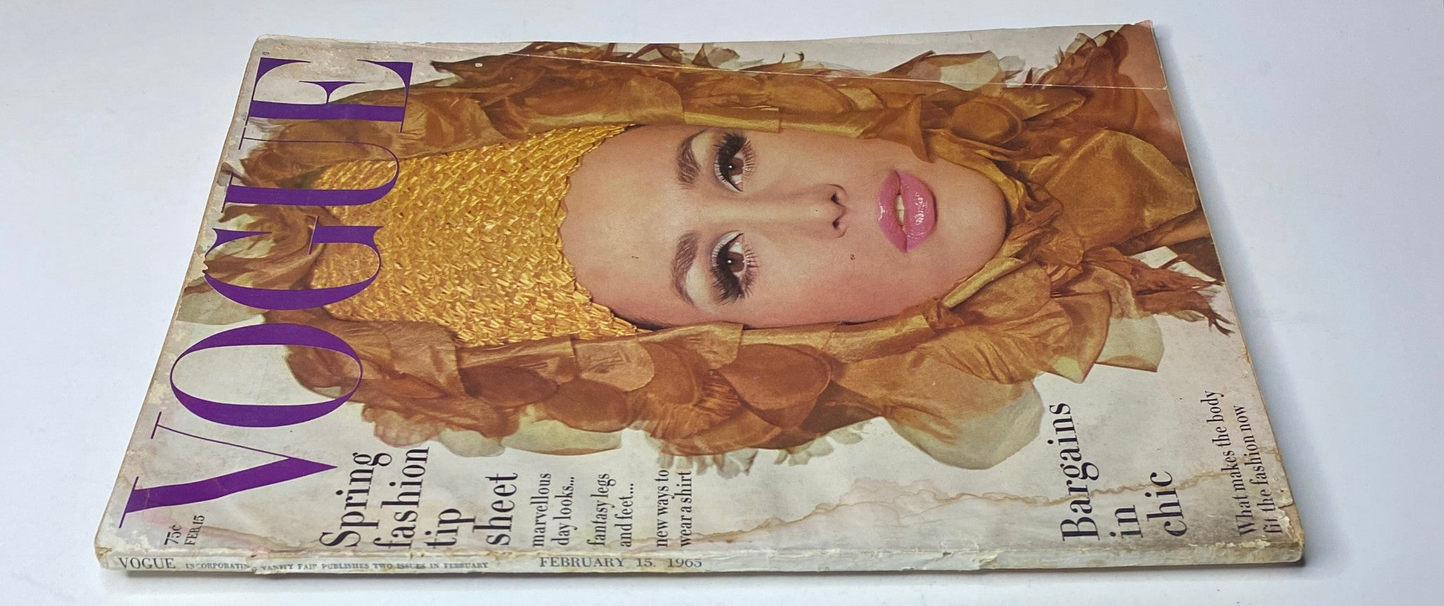 Vogue Magazine February 15, 1965 cover with Brigitte Bauer, focusing on her glamorous makeup and vibrant fashion statement.