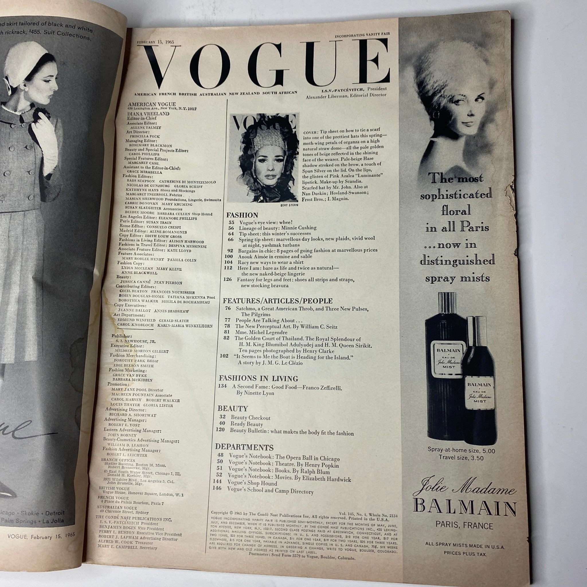 Table of contents from Vogue Magazine February 15, 1965, highlighting various fashion articles and features from the era.