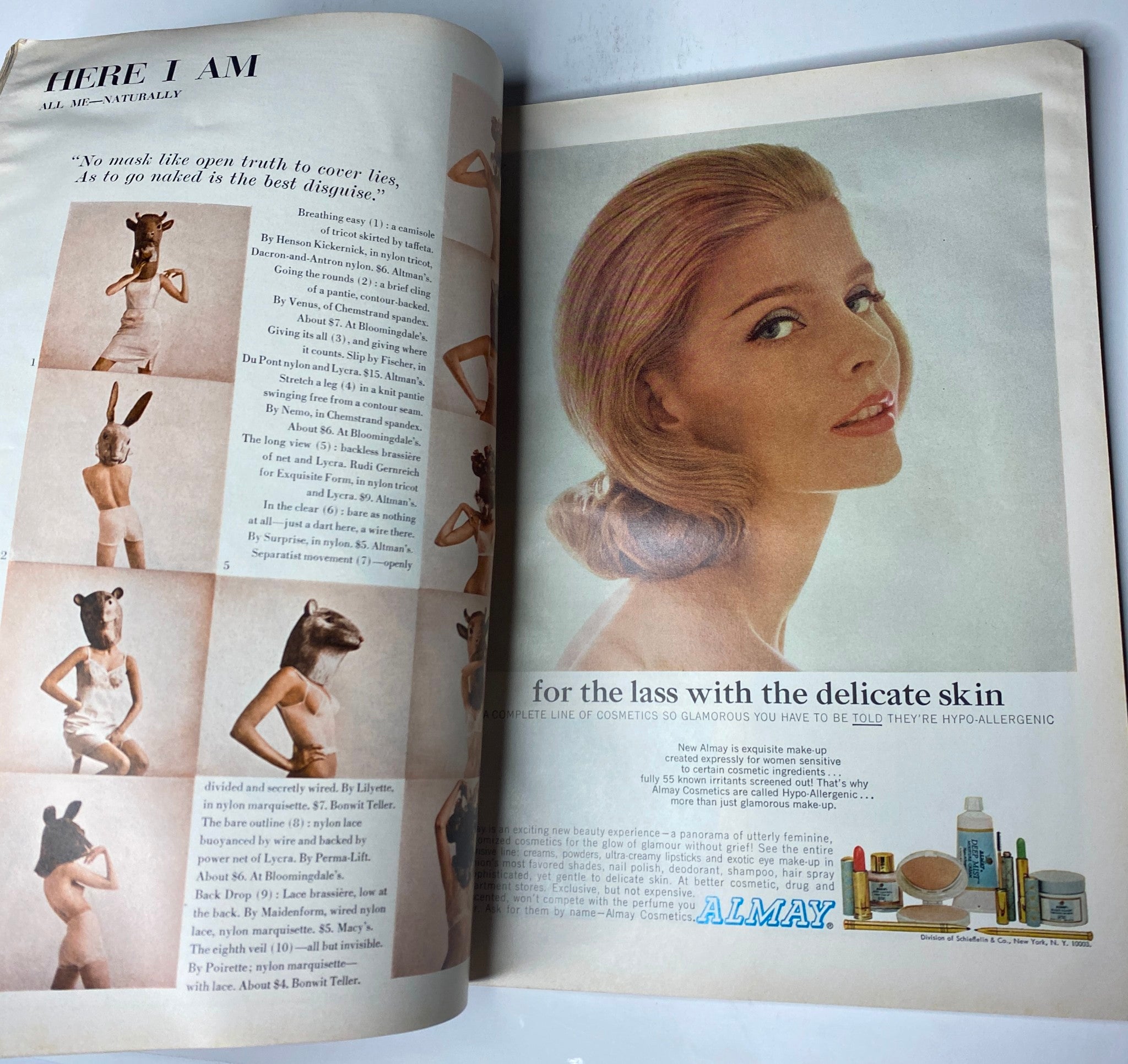Vogue Magazine February 15, 1965 featuring a vintage beauty advertisement for Almay cosmetics, showcasing a model with a classic hairstyle and minimal makeup, illustrated in a soft, elegant style.