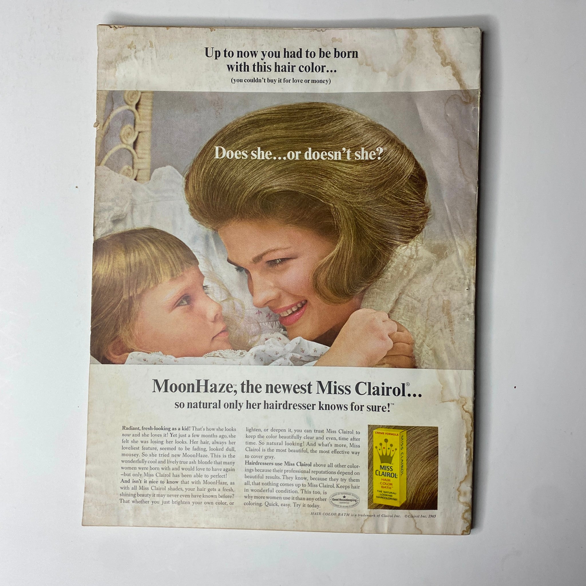 Vogue Magazine February 15, 1965 highlighting a nostalgic Miss Clairol advertisement, featuring a mother and daughter with luxurious hair, capturing the essence of 1960s beauty trends.