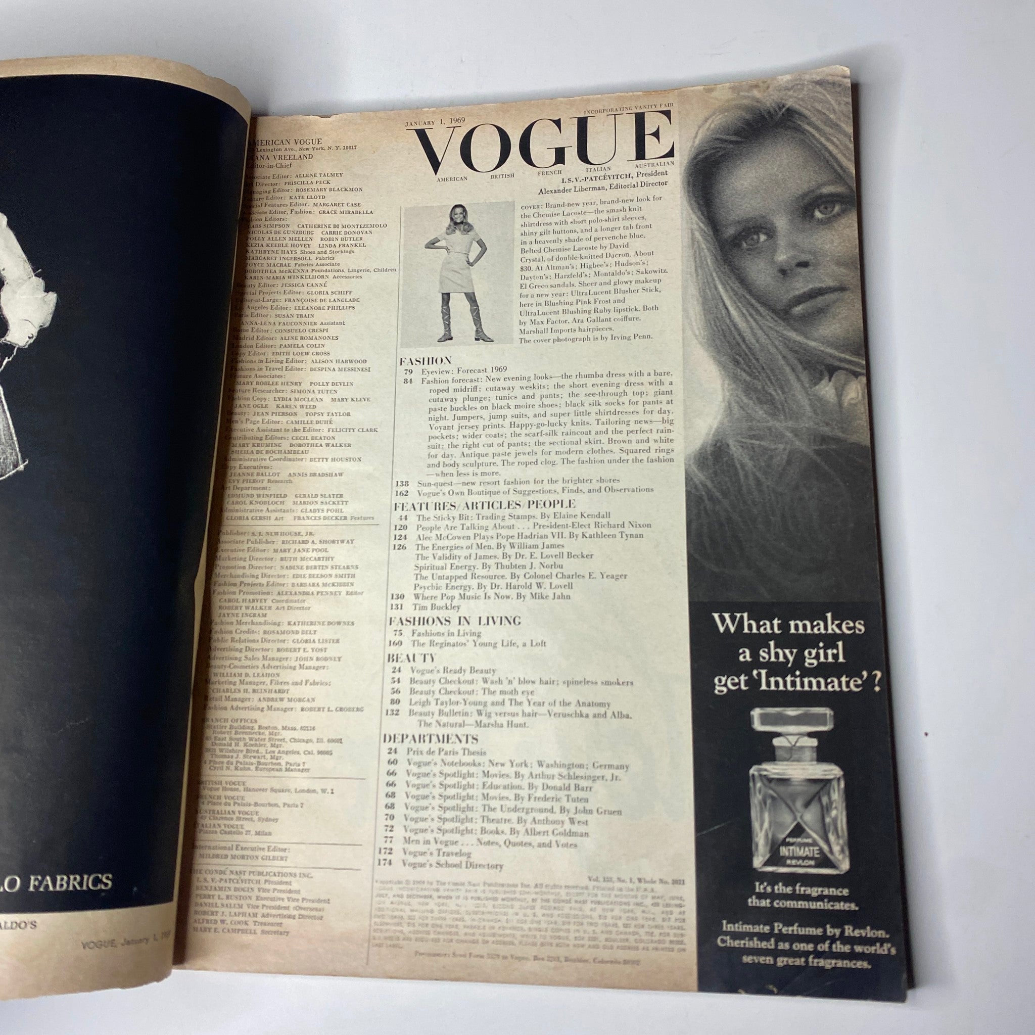 Interior page of Vogue Magazine January 1, 1969, displaying the table of contents alongside an image of Lauren Hutton, featuring highlights of fashion and beauty from that era.
