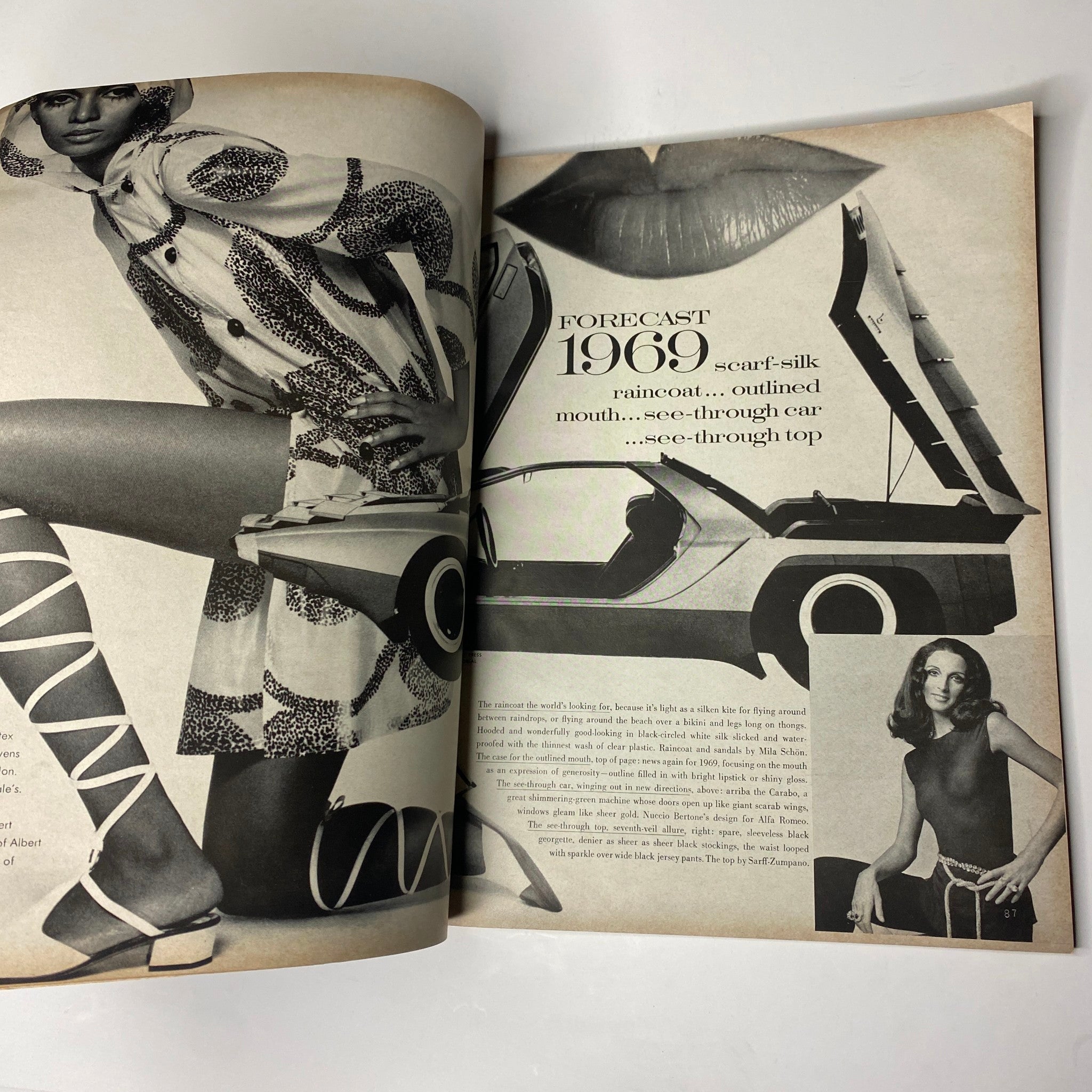 Page from Vogue Magazine January 1, 1969 featuring a fashion forecast illustration, showcasing a scarf-silk raincoat and a see-through top, reflecting 1969's fashion trends.