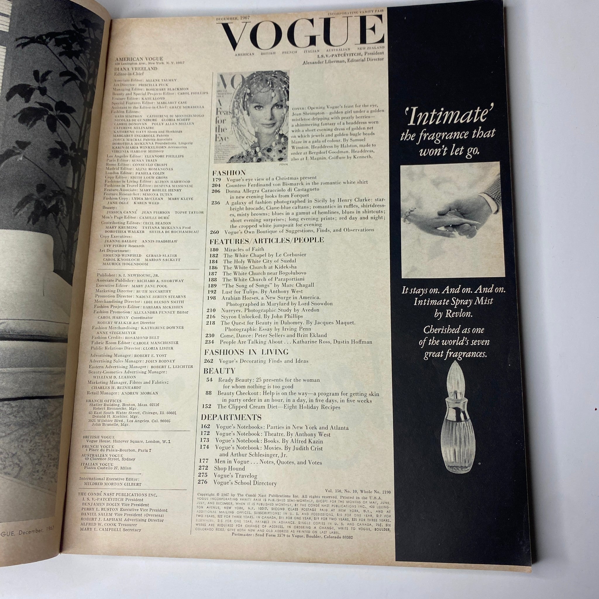 Table of contents page from Vogue Magazine December 1967, highlighting articles and features including fashion, beauty, and culture, with mention of Revlon's fragrance.