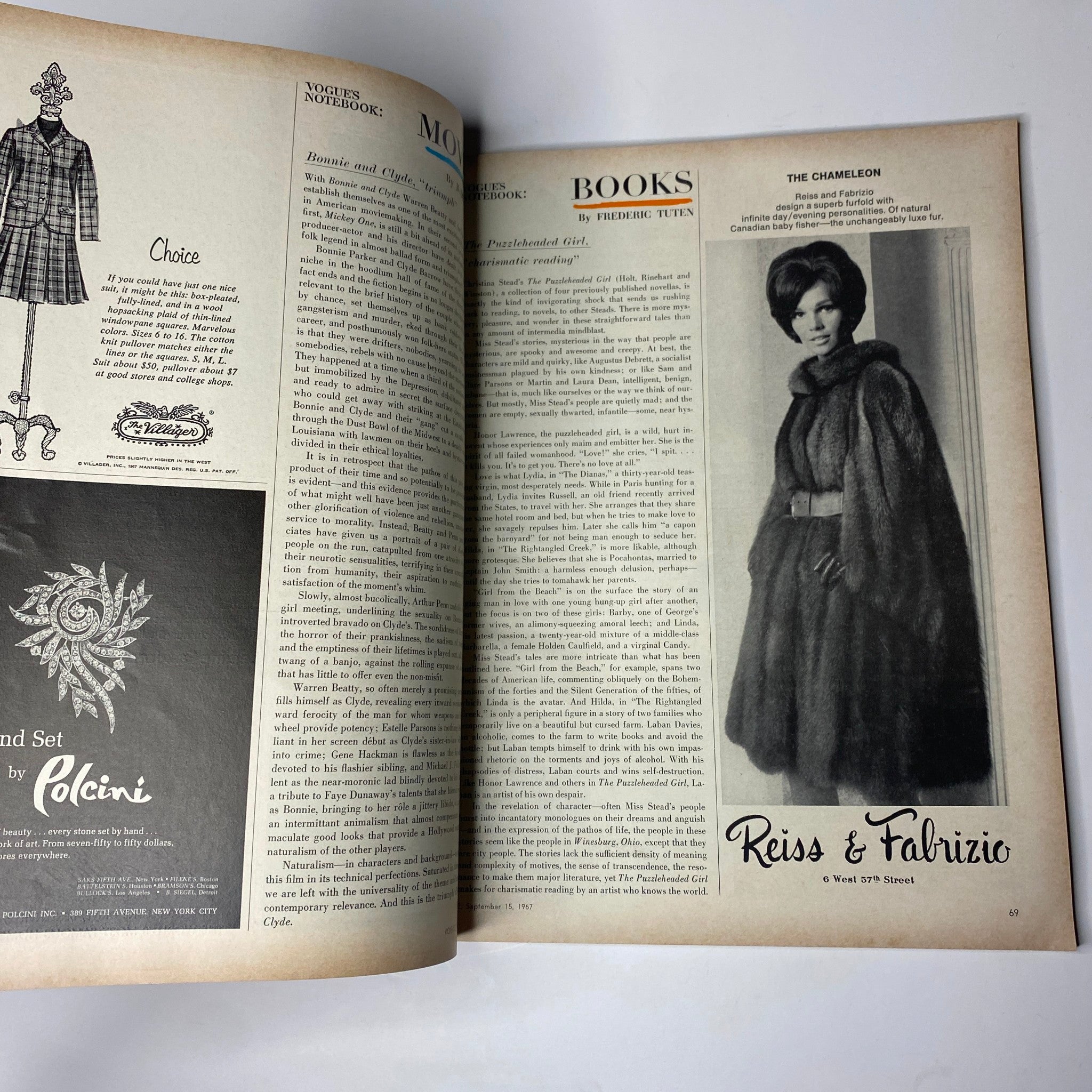 Vogue Magazine September 15, 1967, displaying an article page featuring fashion insights and book reviews, enriched with striking 1960s visuals.