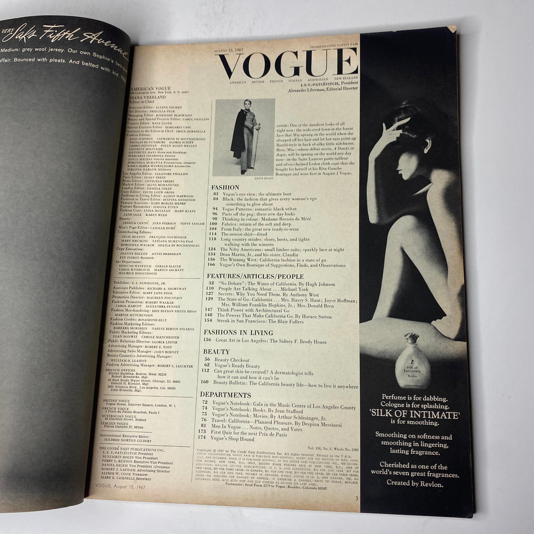 Interior page of Vogue Magazine August 15, 1967 displaying the Table of Contents with fashion articles and features from that era.
