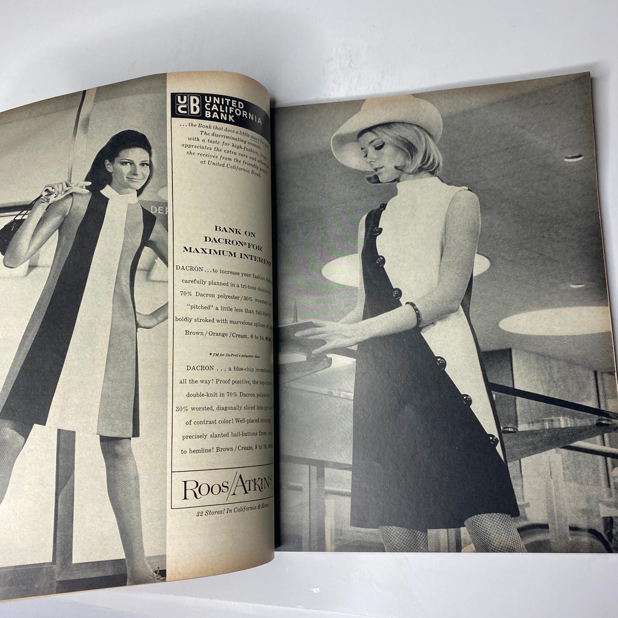 Interior page from Vogue Magazine August 15, 1967 depicting models in stylish black and white attire, capturing vintage fashion trends.