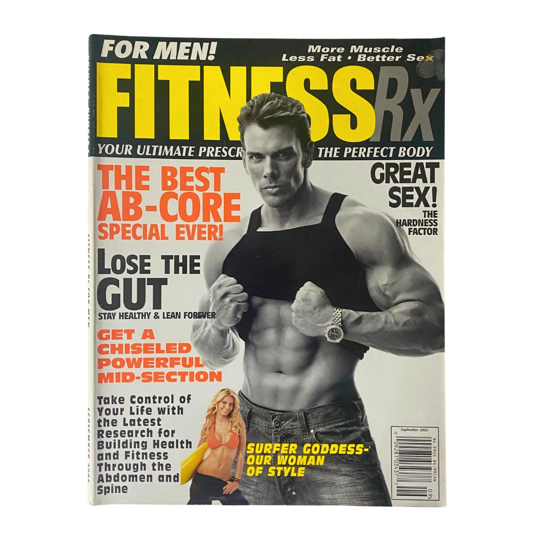 Cover of Fitness RX Magazine September 2005 featuring the title 'The Best Ab-Core Special Ever!' with a muscular model, showcasing fitness tips and techniques for a powerful core.