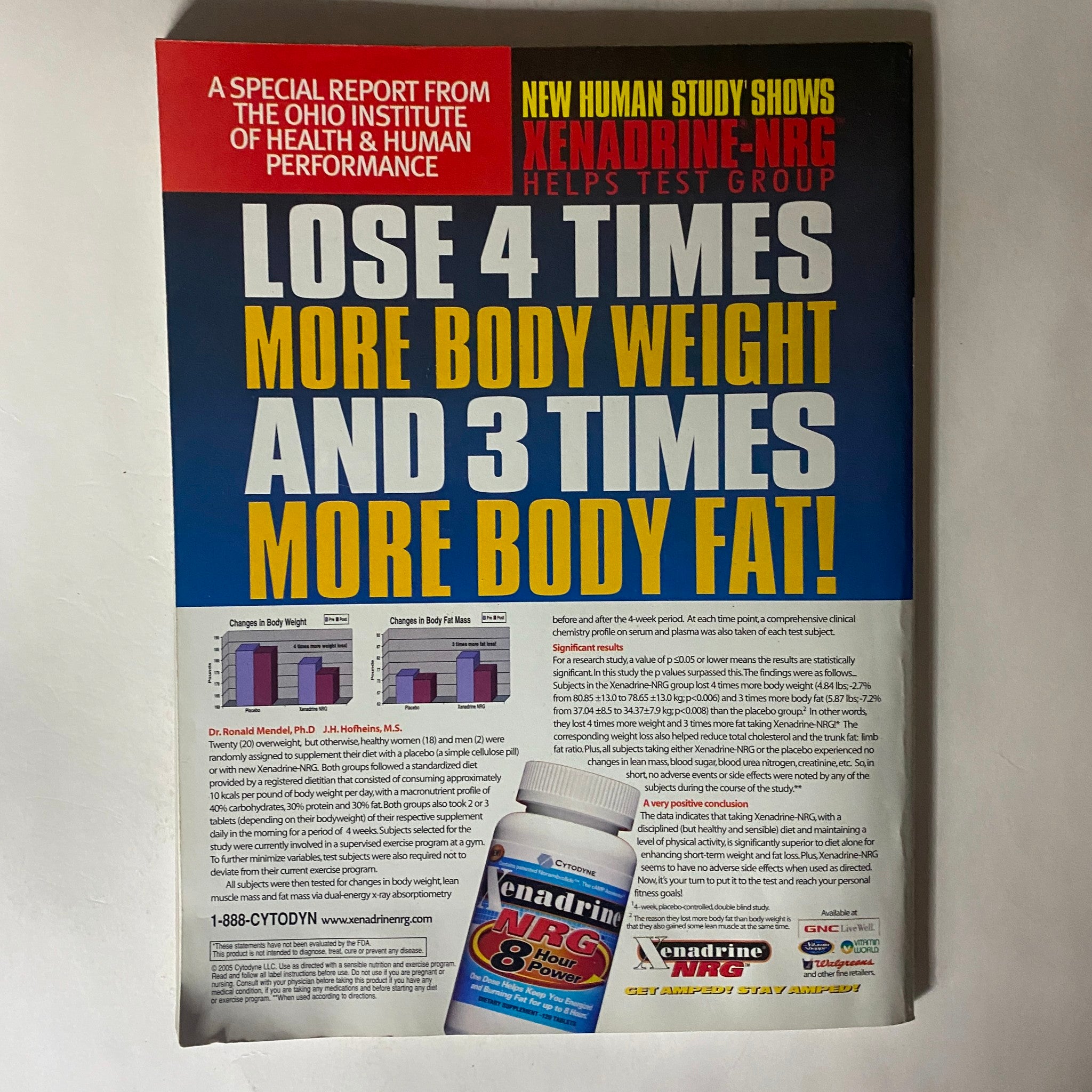 Back cover of Fitness RX Magazine September 2005, highlighting a special report on weight loss and fat reduction with a focus on the Xenadrine NRC product.