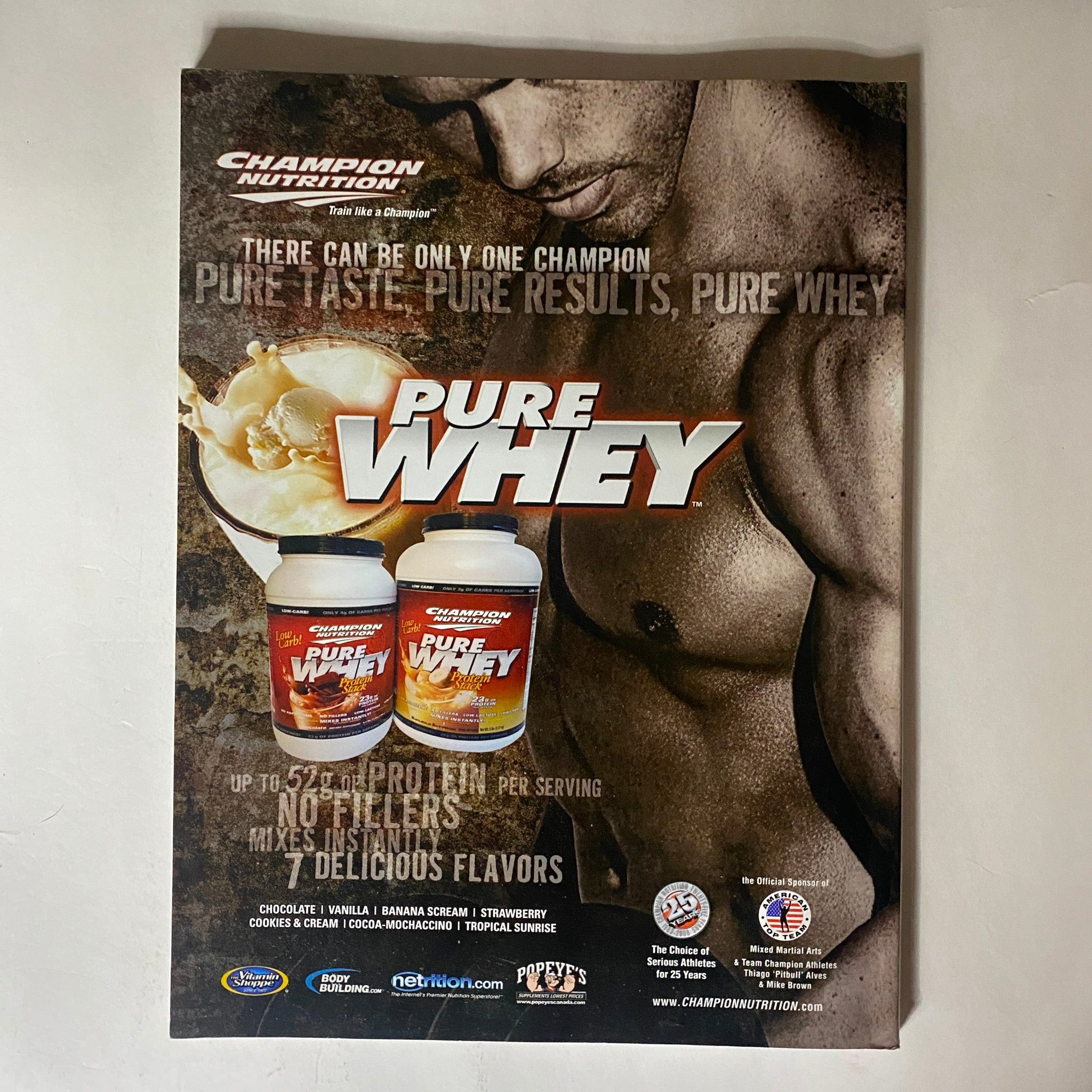 Champion Nutrition advertisement for Pure Whey protein highlighting its benefits. Features various flavors and emphasizes high protein content per serving.