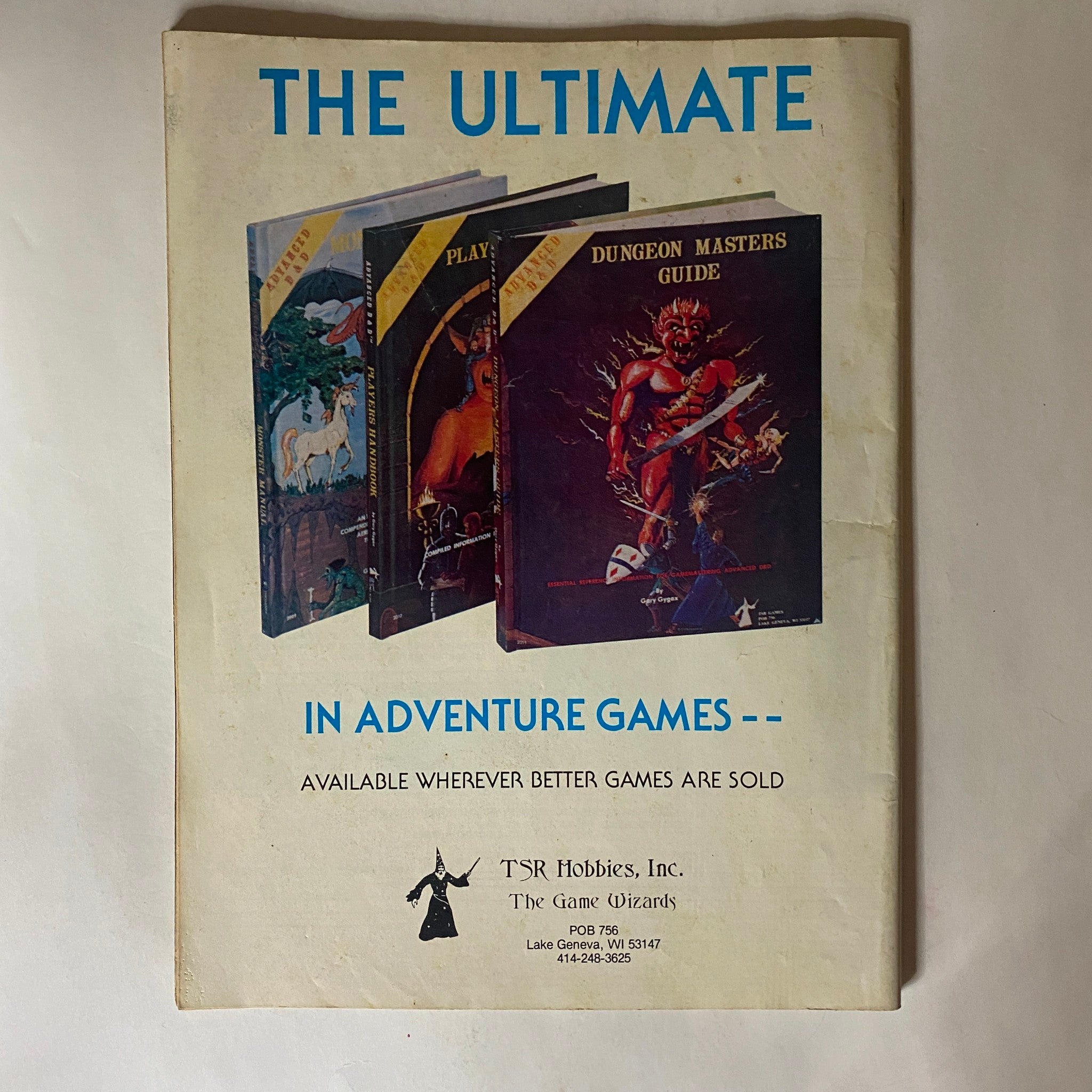 Back cover of VTG Fantastics Films Magazine May 1980 Vol 3 No. 1, featuring an advertisement for TSR Hobbies adventure games, emphasizing gaming culture.