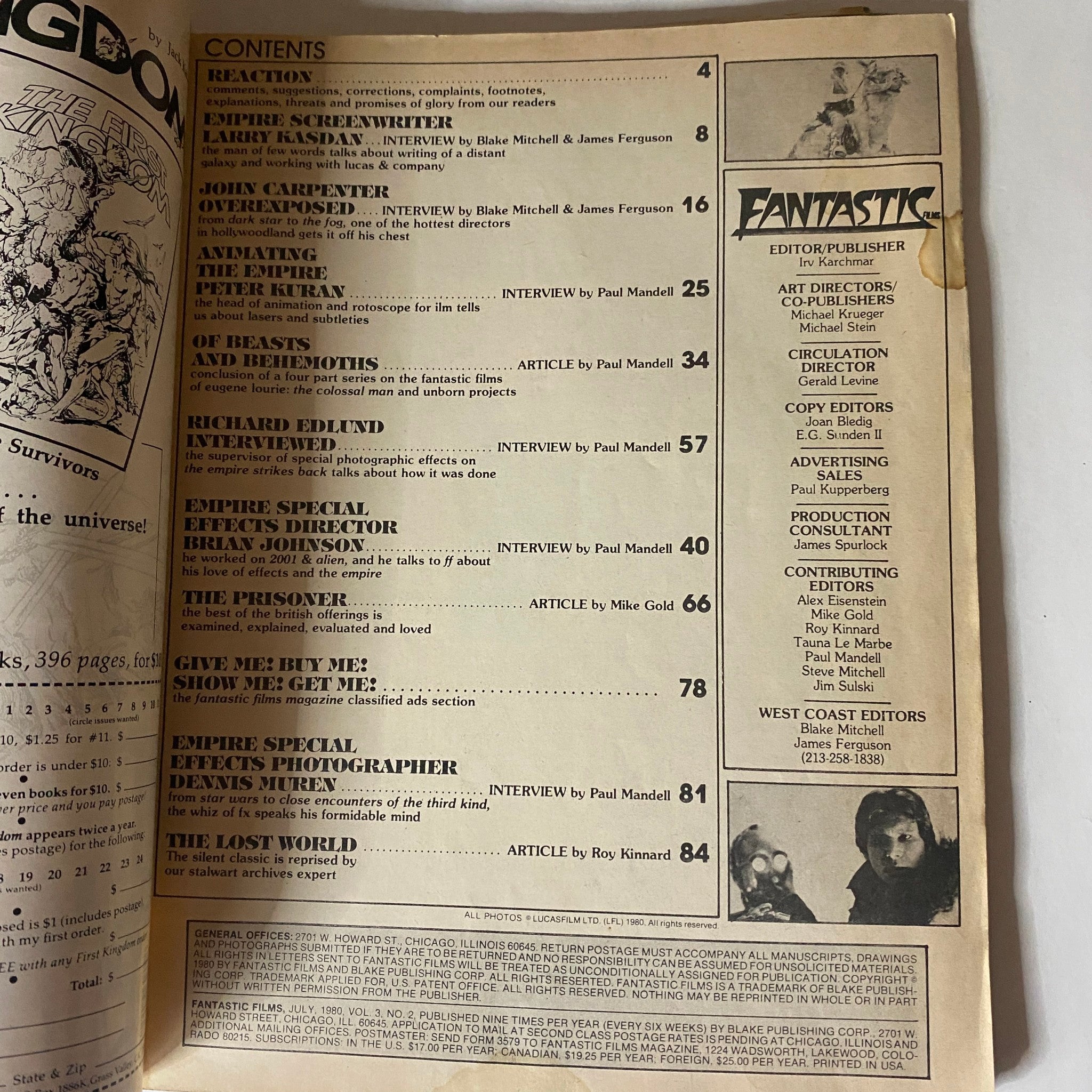Contents page of the VTG Fantastics Films Magazine July 1980 featuring The Empire Strikes Back, showcasing articles and interviews related to the film.