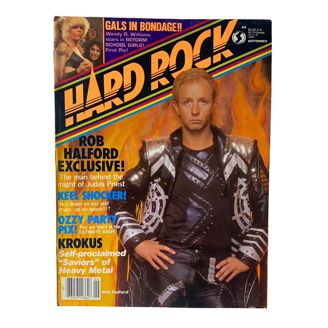Cover of VTG Hard Rock Video Magazine September 1986 featuring Rob Halford with flames in the background, promoting rock music articles and highlighting key features of the issue.