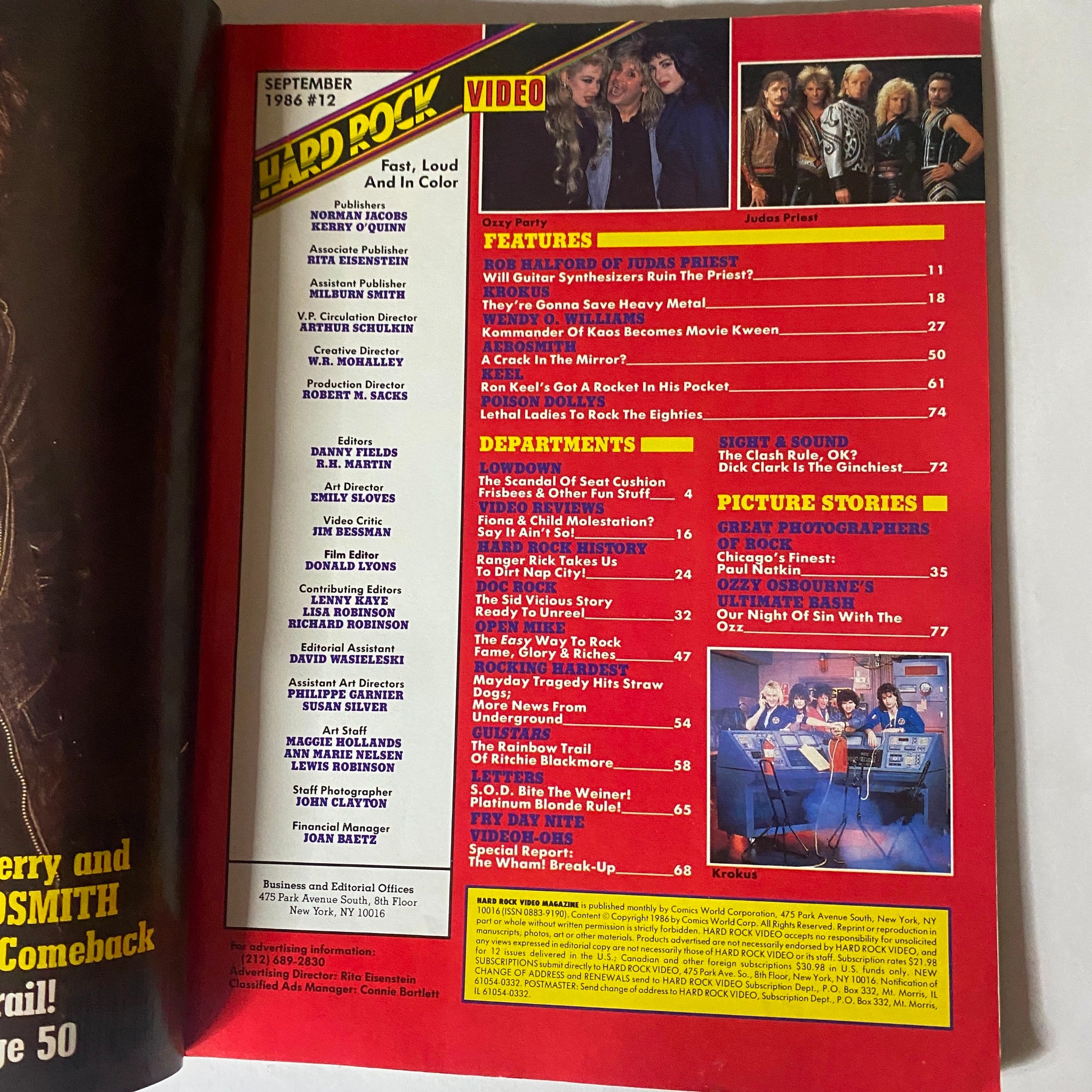 Inside page of VTG Hard Rock Video Magazine September 1986, displaying the table of contents and featured articles including Rob Halford and Wendy O. Williams.