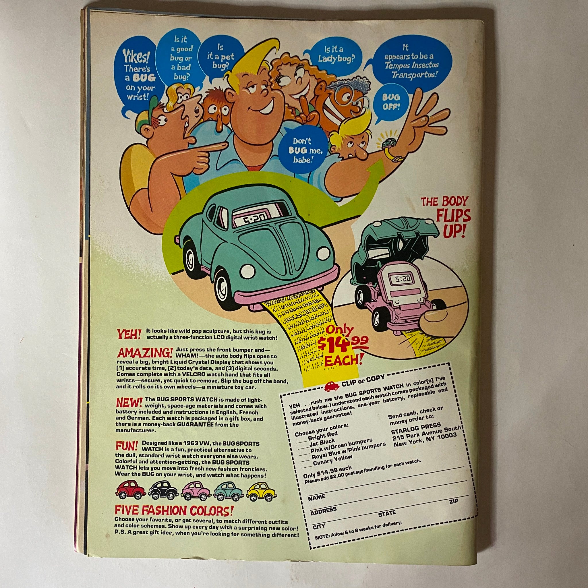 Back cover of VTG Hard Rock Video Magazine September 1986 featuring a colorful advertisement for a digital watch designed like a bug, highlighting playful graphics.