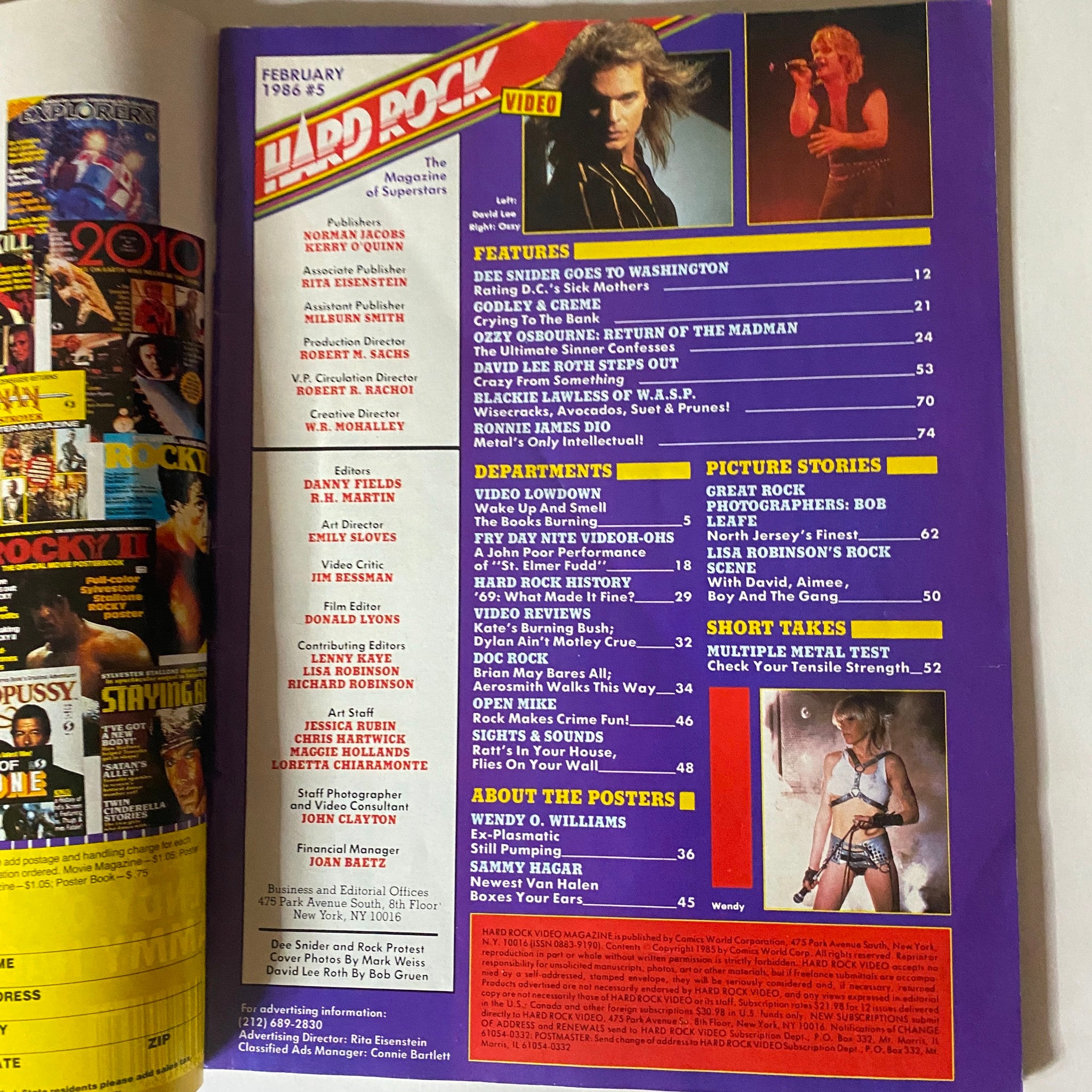 Inside cover of VTG Hard Rock Video Magazine February 1986 showing the table of contents with features and departments, including Twisted Sister and Bob Leafe.