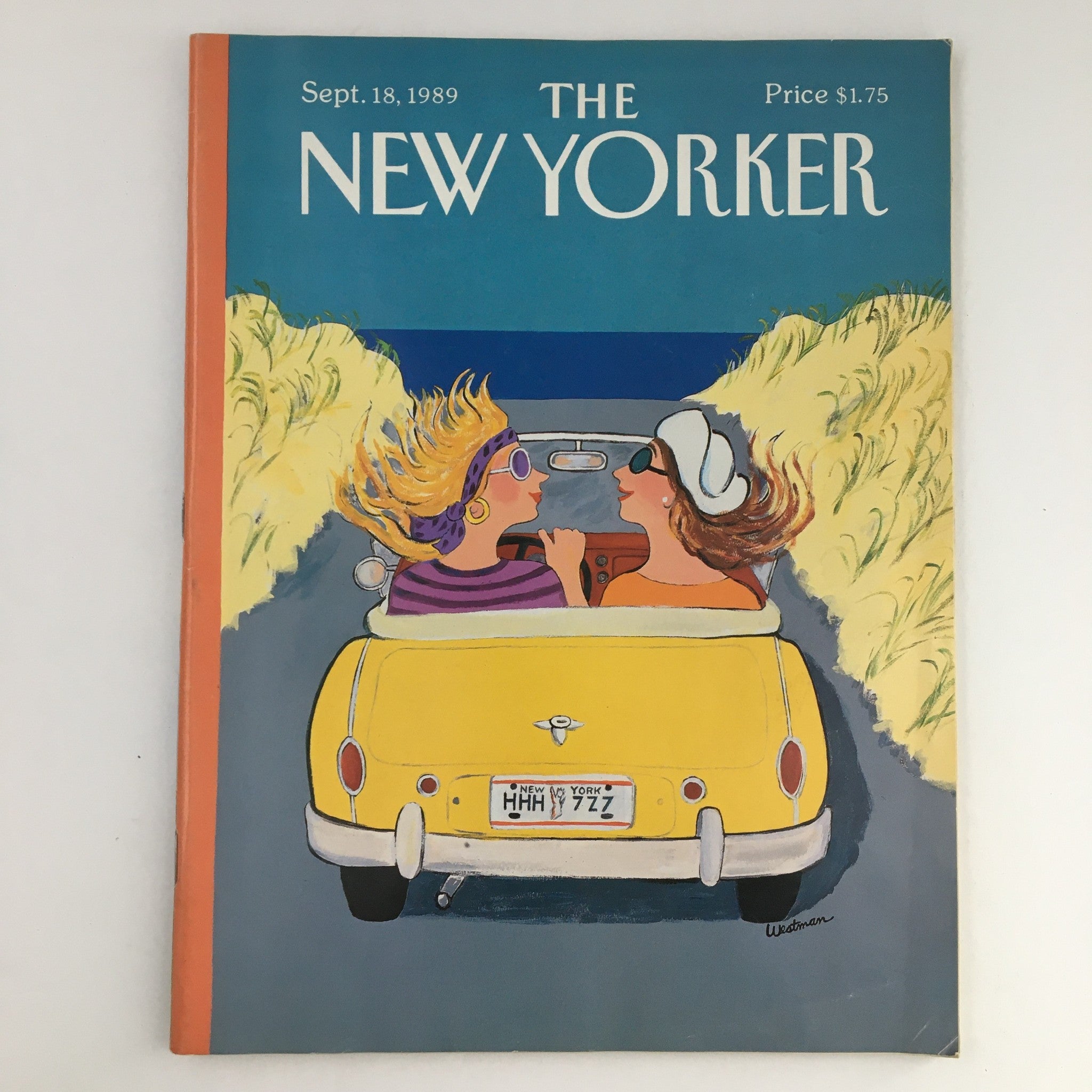 The New Yorker Magazine September 18 1989 Full Theme Cover by Barbara Westman featuring two women driving a yellow car along a coastal road. The cover art encapsulates the vibrant style and cultural essence of late 1980s America.