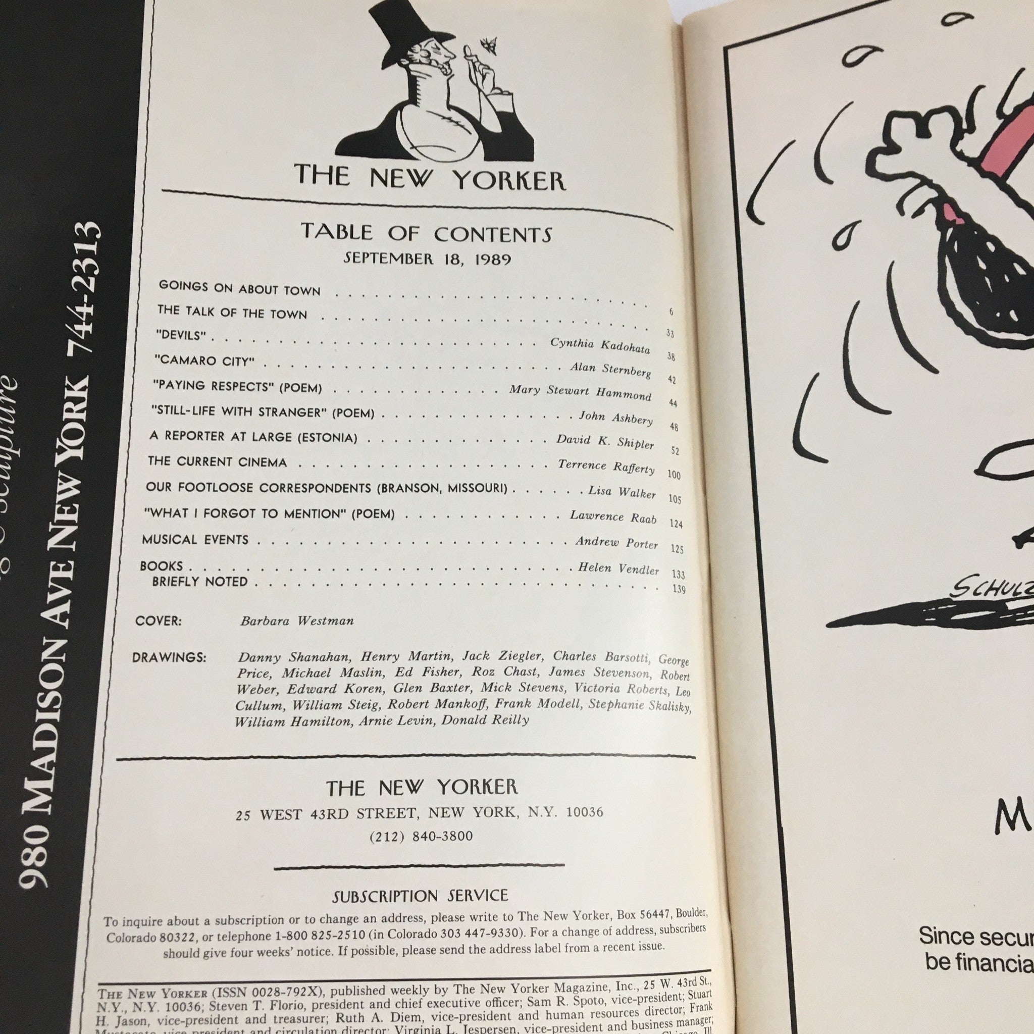 Table of Contents from The New Yorker Magazine September 18 1989 showcasing articles and features alongside the cover design by Barbara Westman.