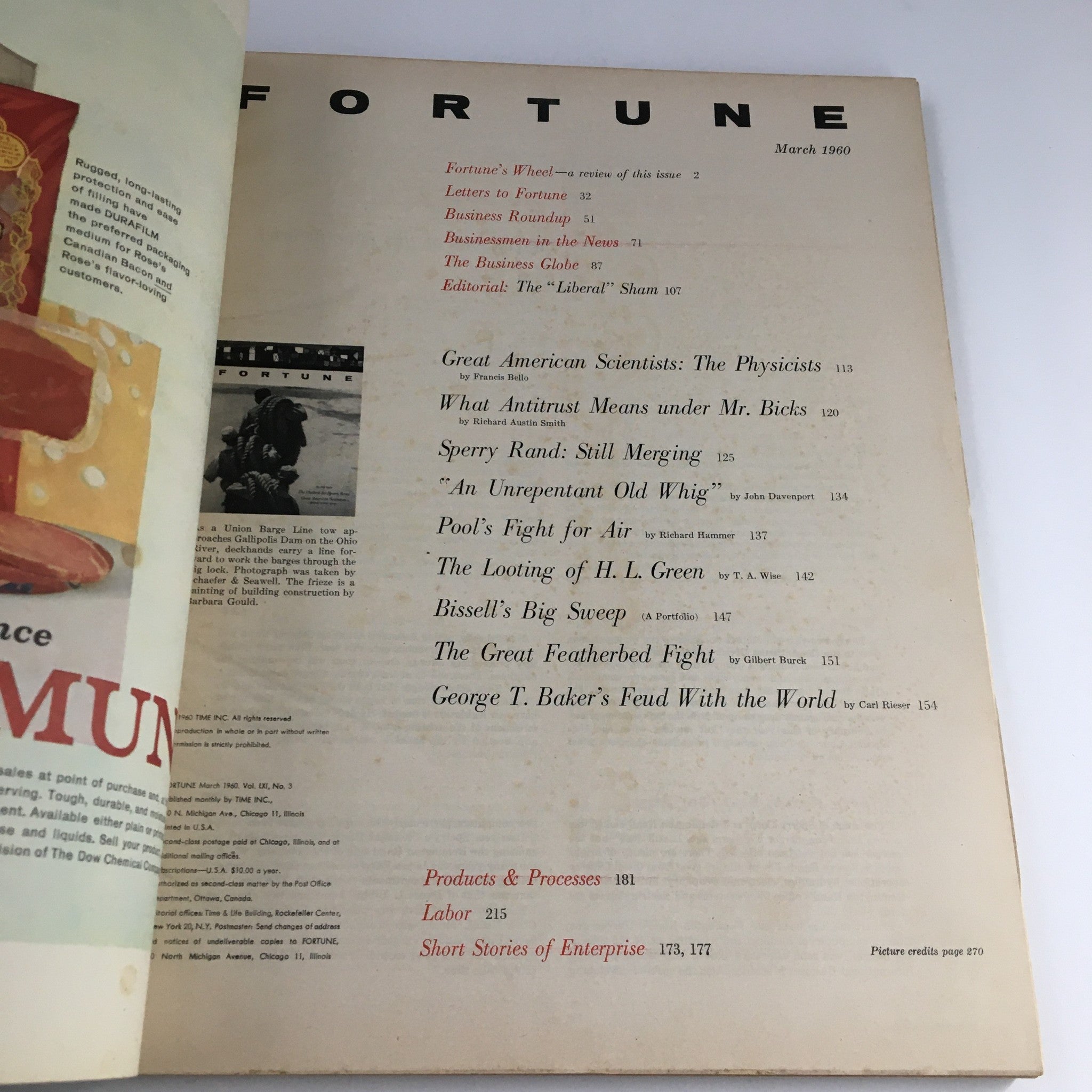 Inside page of Fortune Magazine March 1960, showcasing the contents list with articles including 'The Outlook for Sperry Rand'.