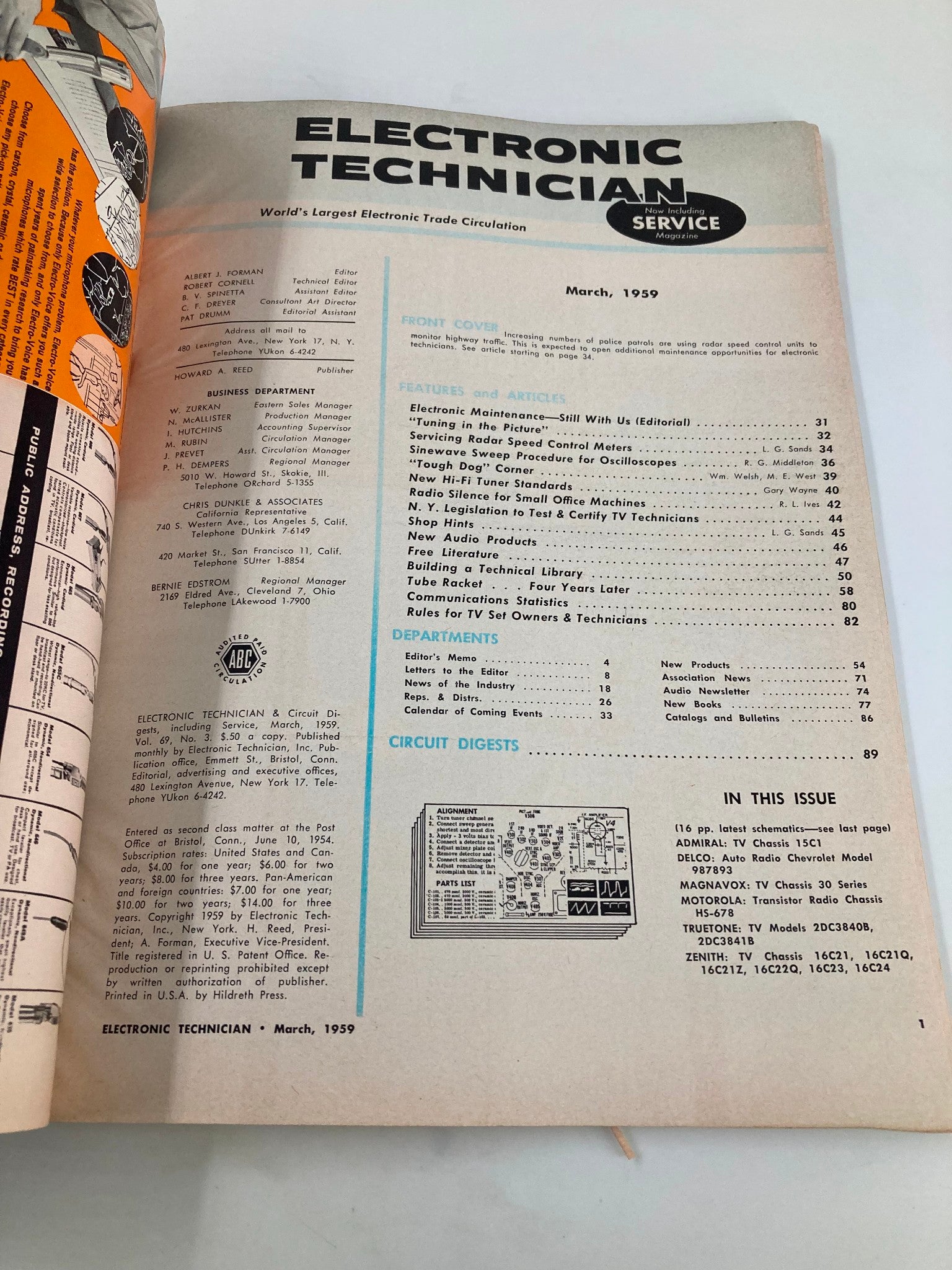 Inside page of VTG Electronic Technician Magazine March 1959, displaying the table of contents and editorial information.