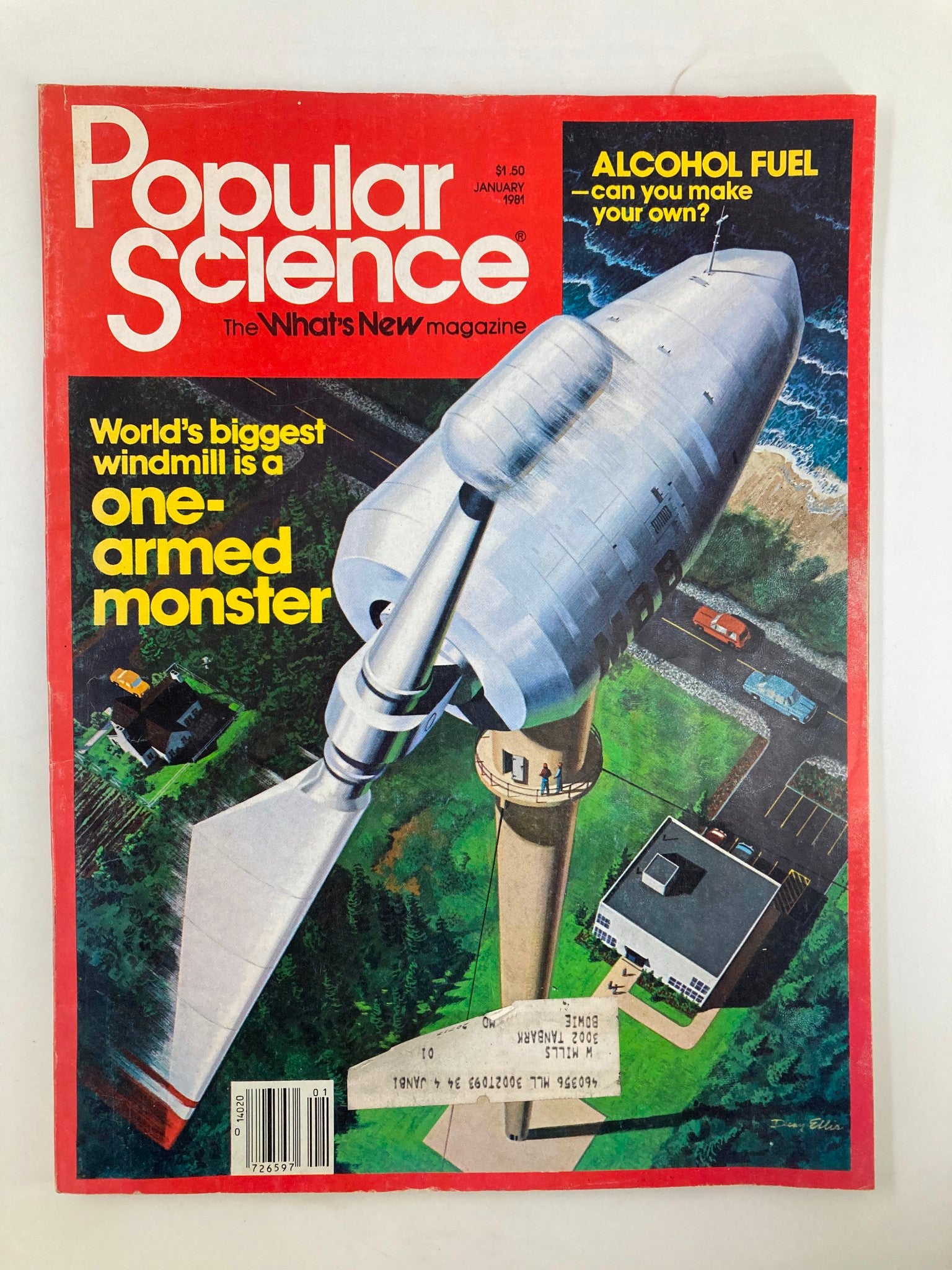 Cover of VTG Popular Science Magazine January 1981 featuring the headline "World's Biggest Windmill is a one-armed monster". The magazine showcases a striking illustration of a wind turbine.