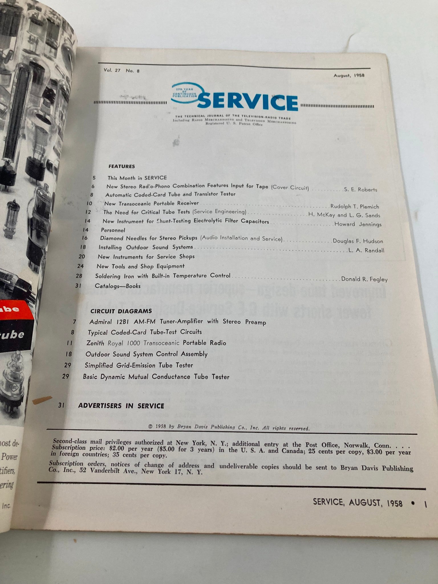 VTG Service Magazine August 1958 Diamond Needles for Stereo Pickups