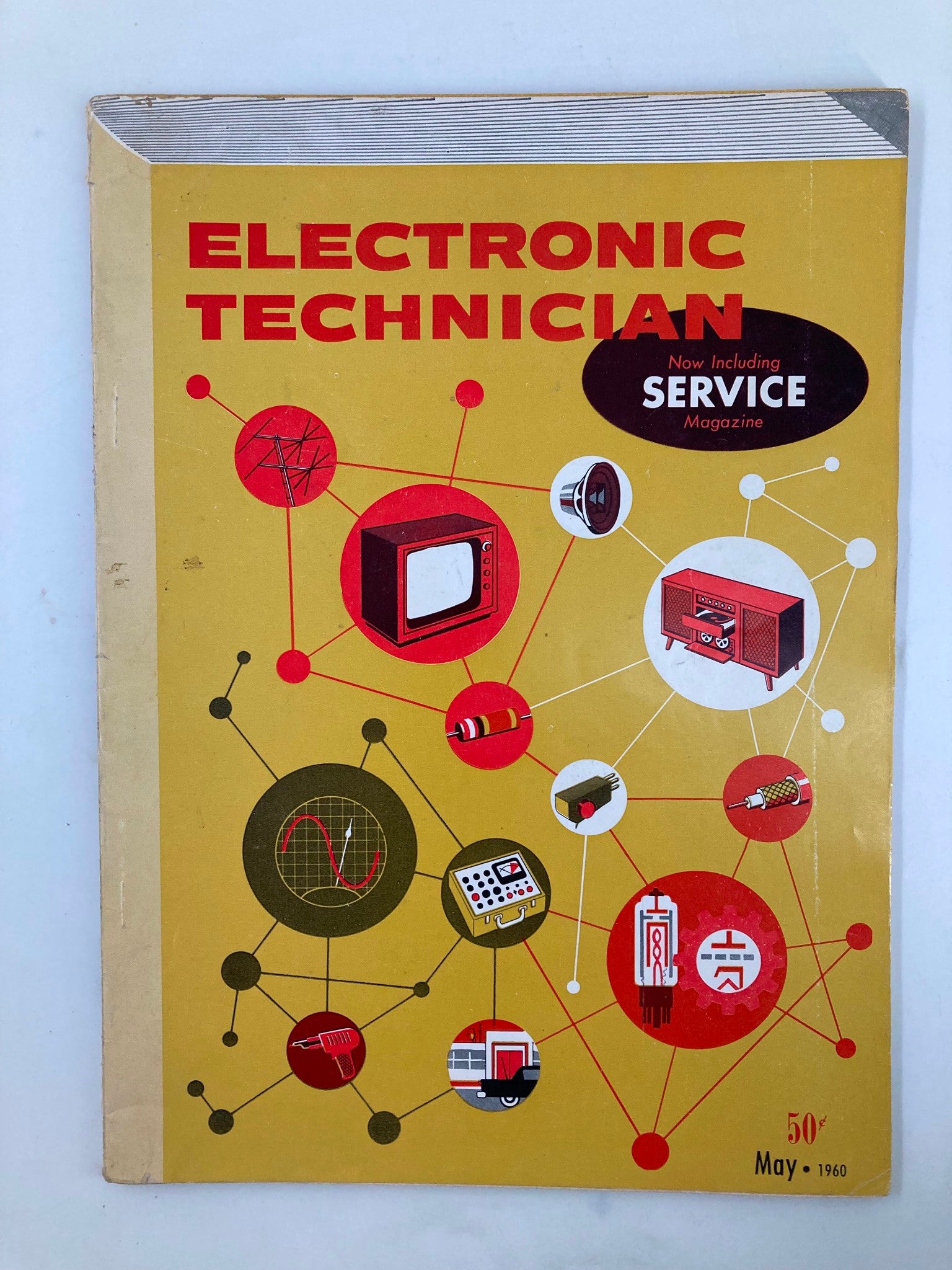 Cover of VTG Electronic Technician Magazine May 1960 showcasing colorful graphics related to electronics, including a TV, speakers, and electronic tools, reflecting the technological advancements of the era.