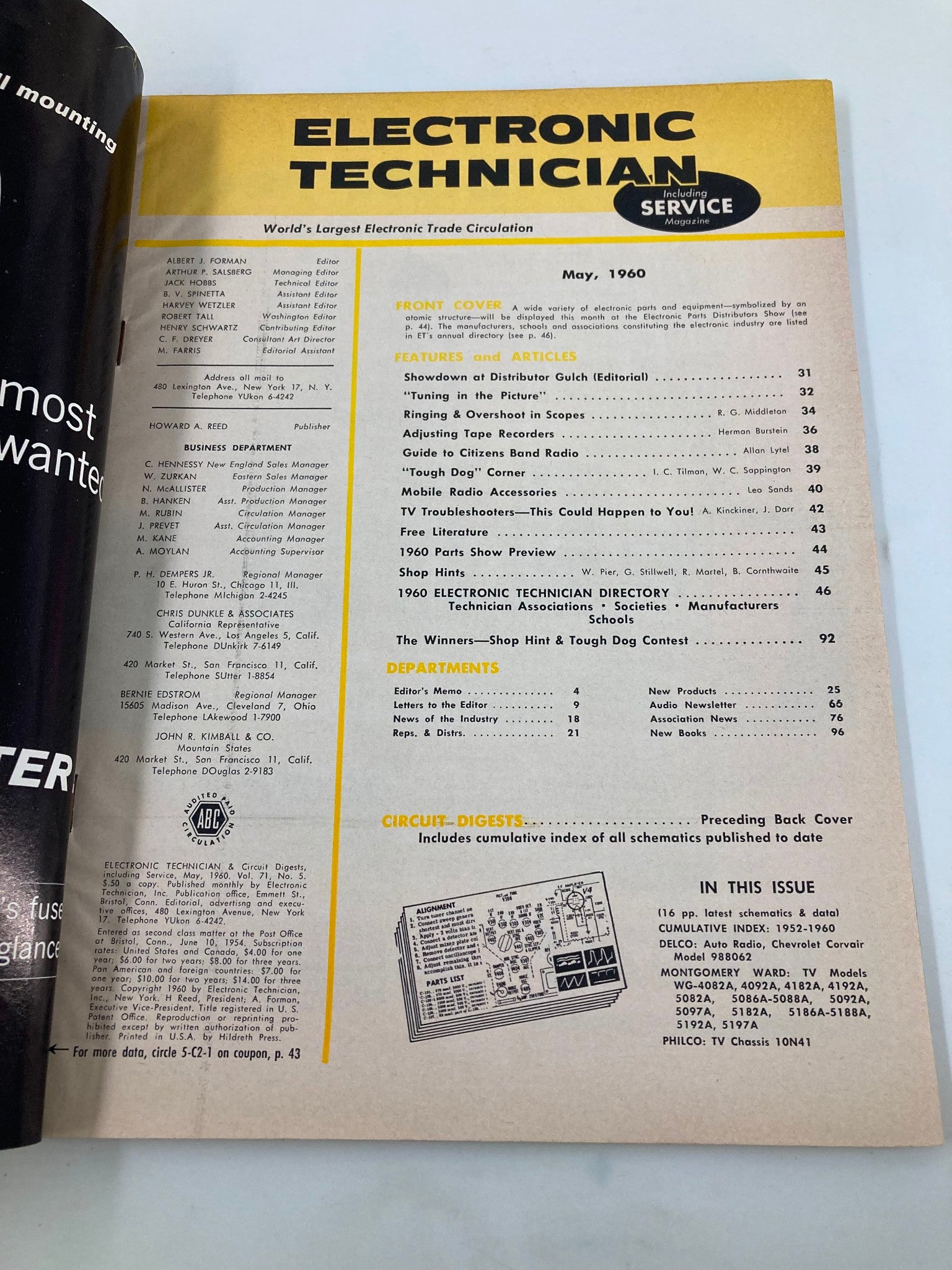 Inside page of VTG Electronic Technician Magazine May 1960 showing table of contents, featured articles including electronic atomic structure, and magazine details.