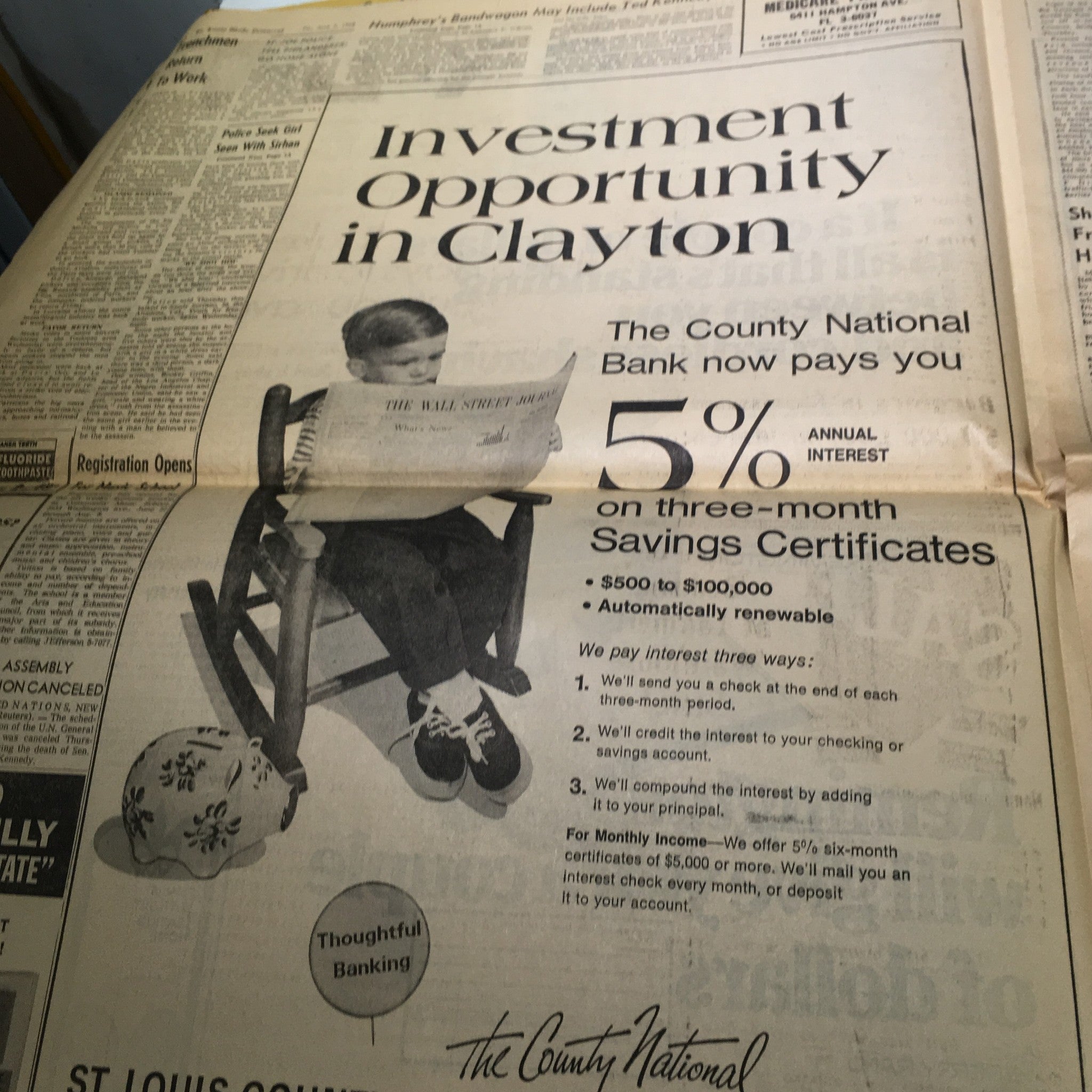 Promotional advertisement featured in the VTG St. Louis Globe-Democrat newspaper from June 7, 1968, presenting an investment opportunity from The County National Bank offering 5% interest on savings certificates.
