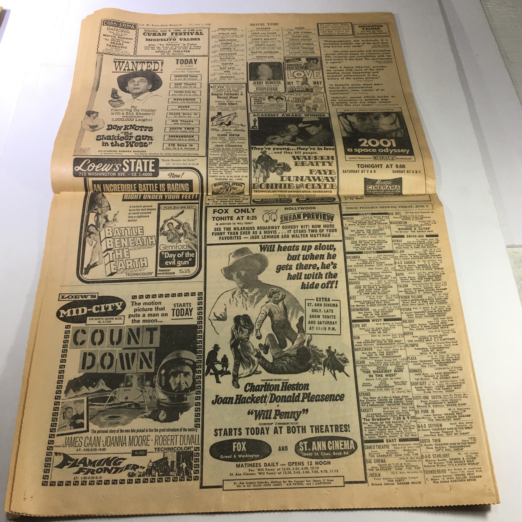 Entertainment section of the VTG St. Louis Globe-Democrat newspaper from June 7, 1968, displaying advertisements for movies, including titles and showtimes, providing a glimpse into the popular culture of the era.
