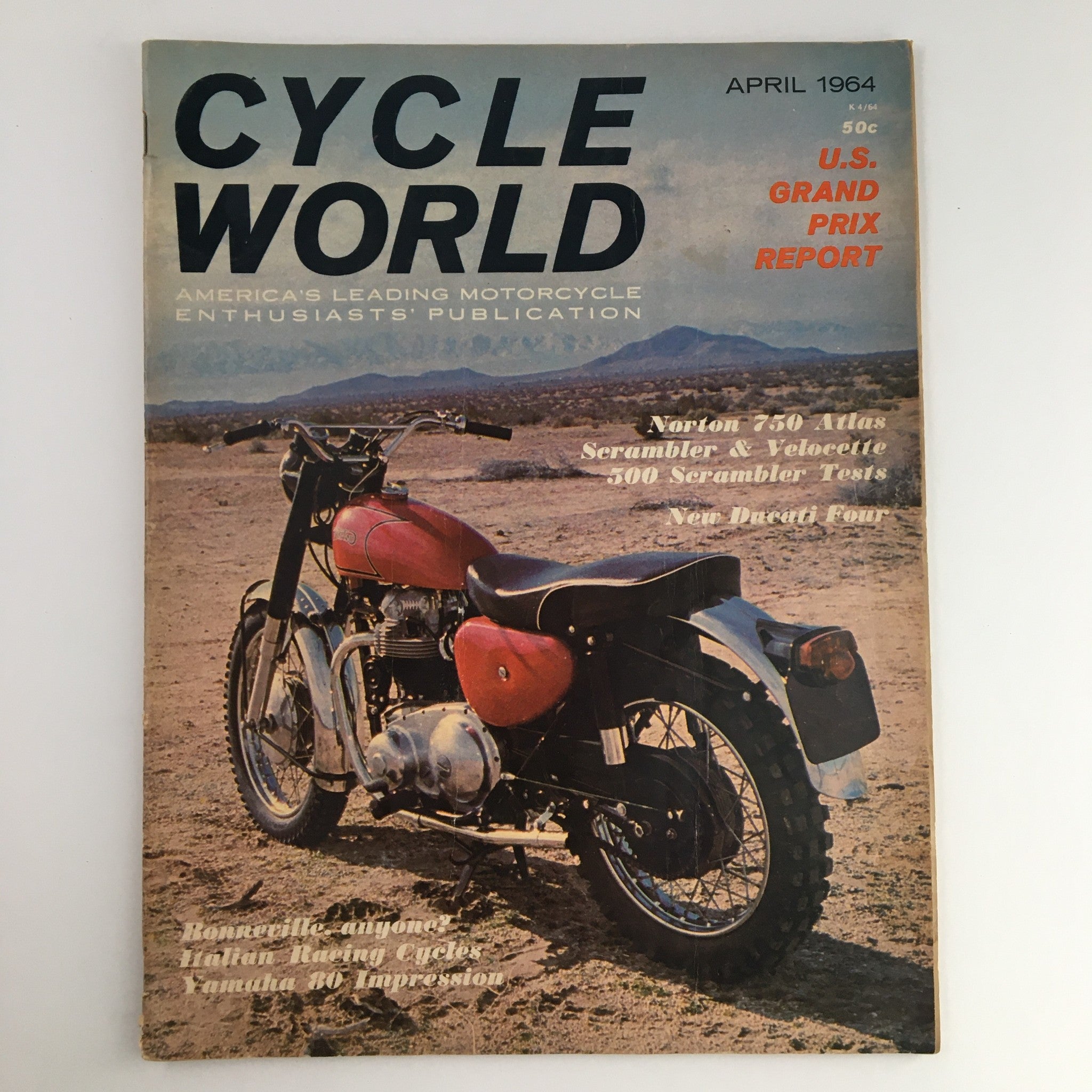 Cycle World Magazine April 1964 cover featuring the Norton 750 Atlas Scrambler, showcasing motorcycle culture and technology of the 1960s.