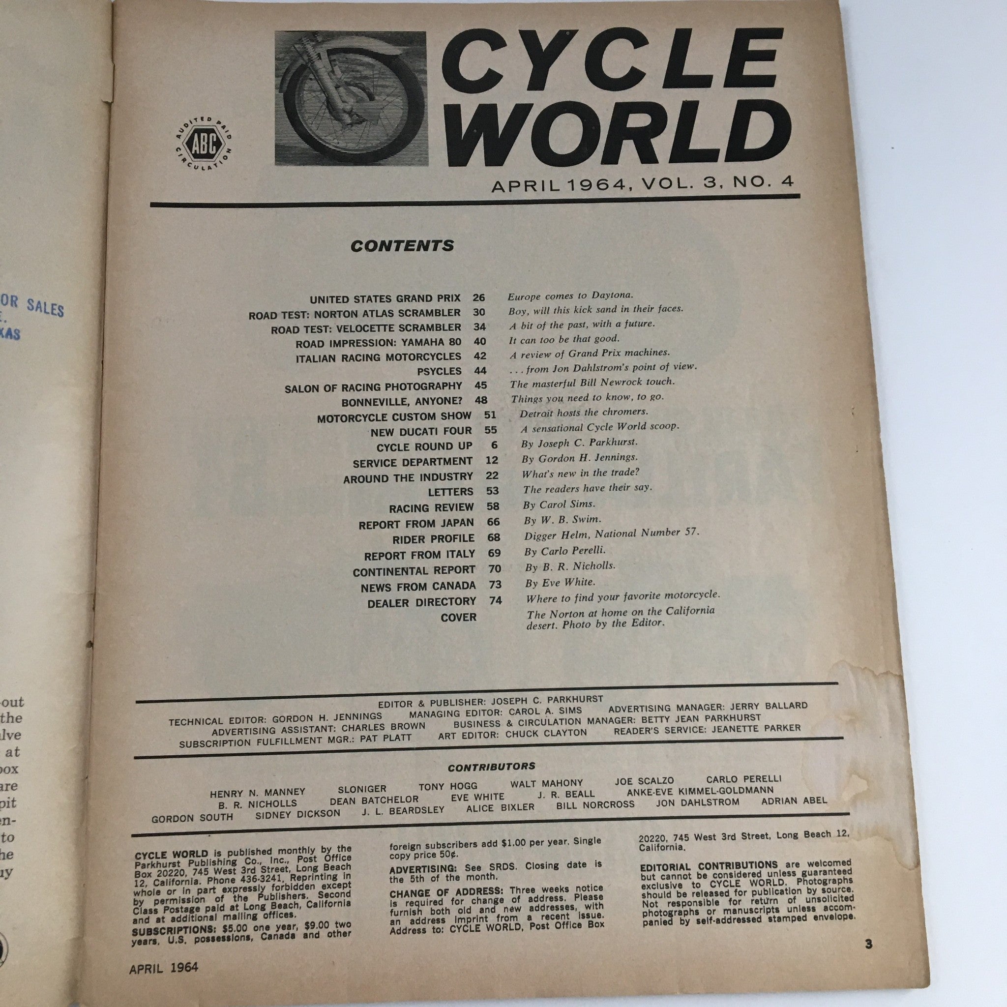 Cycle World Magazine April 1964 contents page, detailing articles such as the Norton Atlas Scrambler tests and motorcycle industry features.
