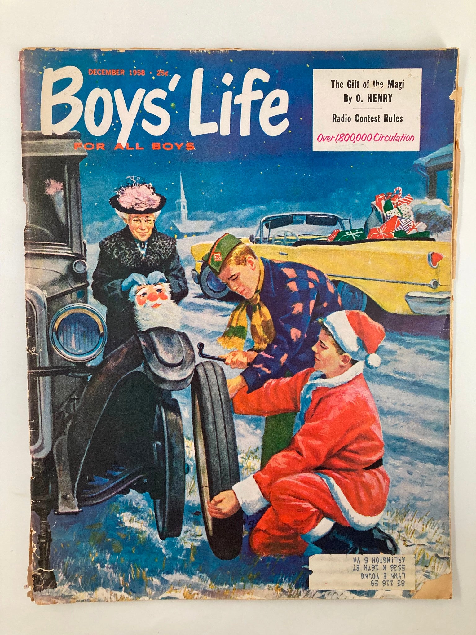 VTG Boys' Life Magazine December 1958 cover featuring a festive scene with children during winter, showcasing the story 'The Gift of the Magi' and mentioning radio contest rules.
